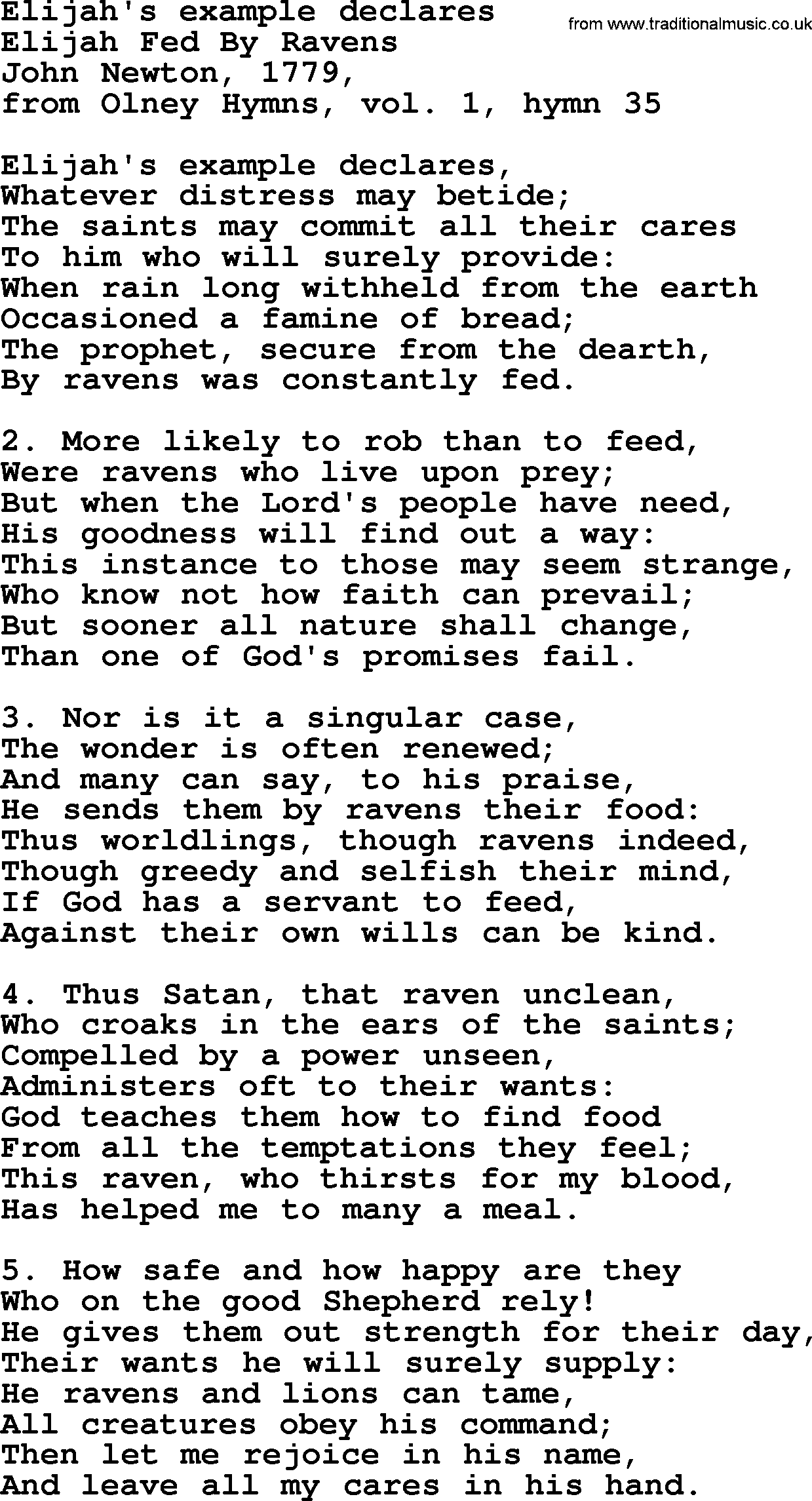 John Newton hymn: Elijah's Example Declares, lyrics