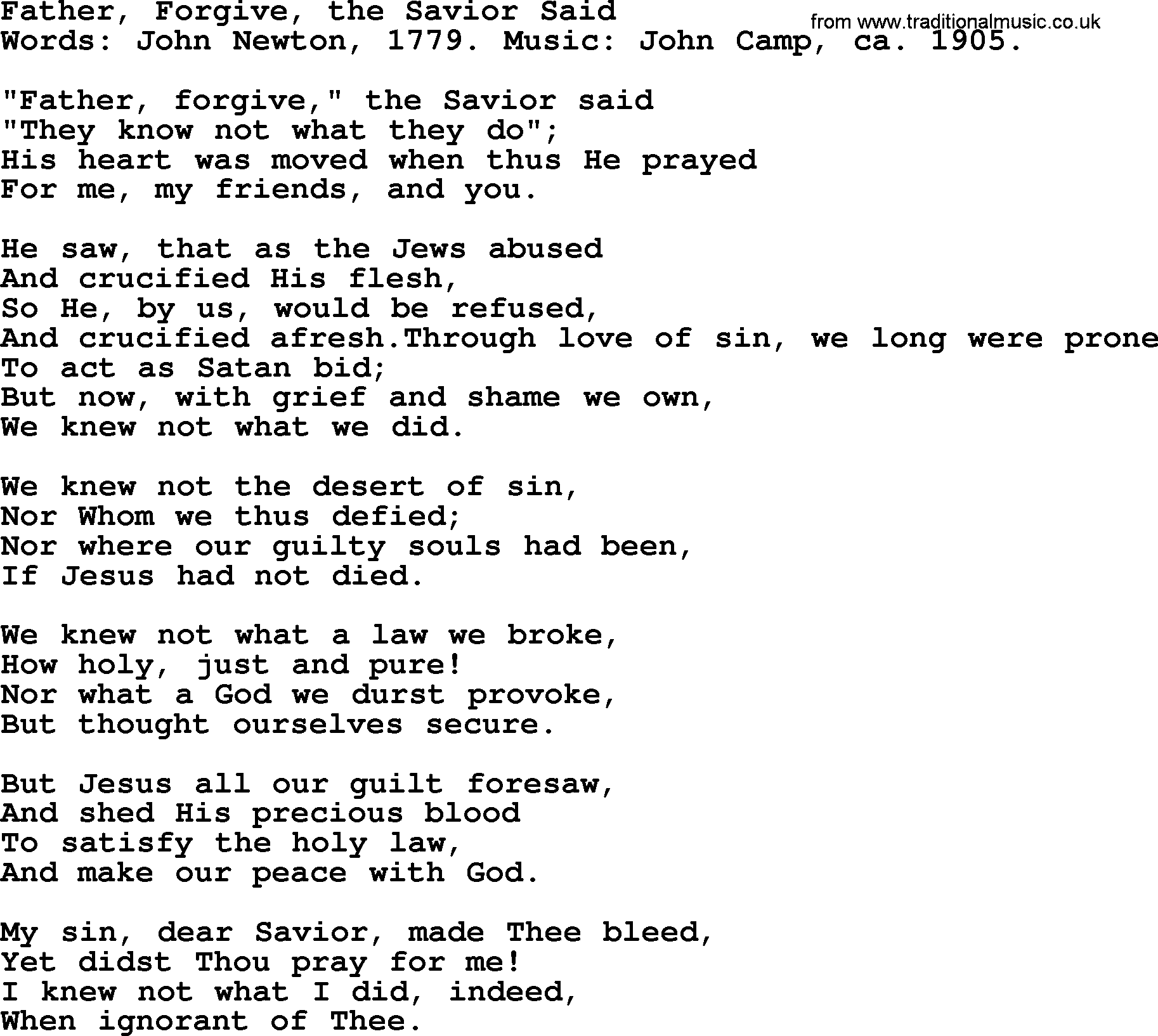 John Newton hymn: Father, Forgive, The Savior Said, lyrics