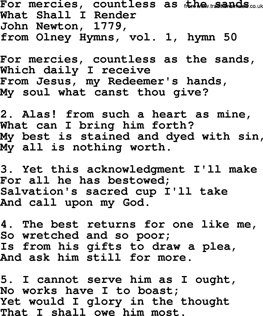 John Newton hymn: For Mercies, Countless As The Sands, lyrics