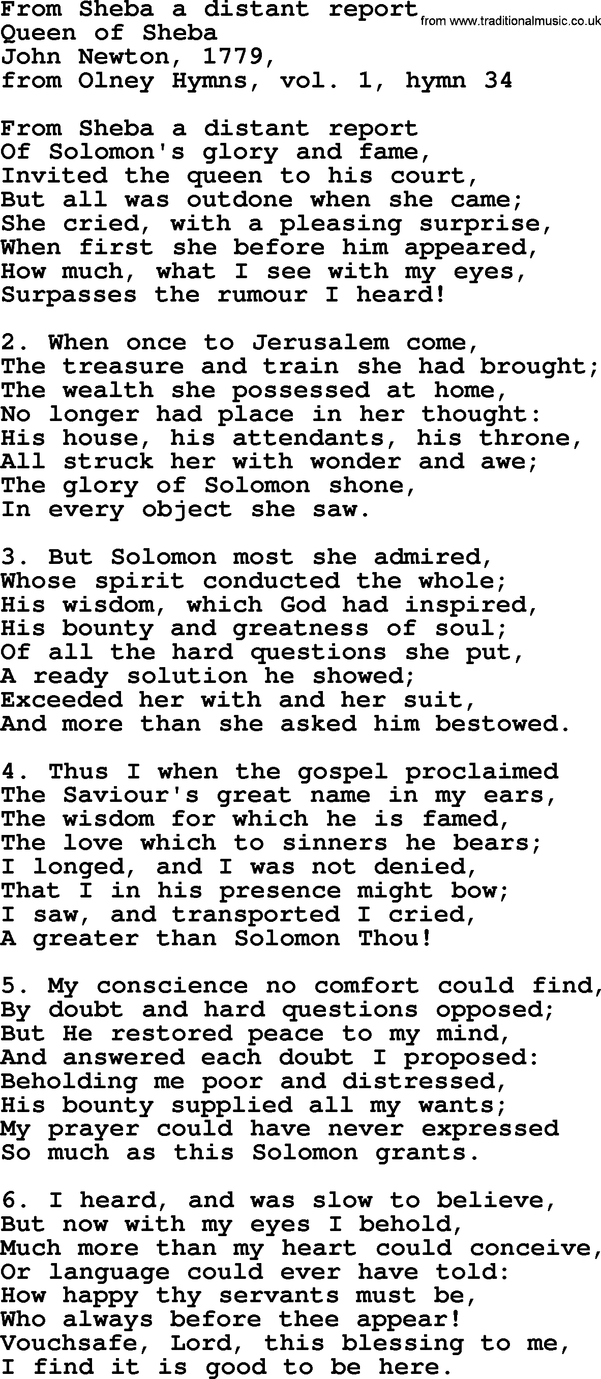 John Newton hymn: From Sheba A Distant Report, lyrics
