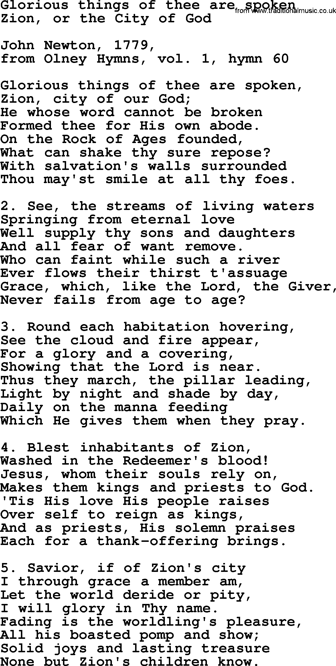 John Newton hymn: Glorious Things Of Thee Are Spoken, lyrics