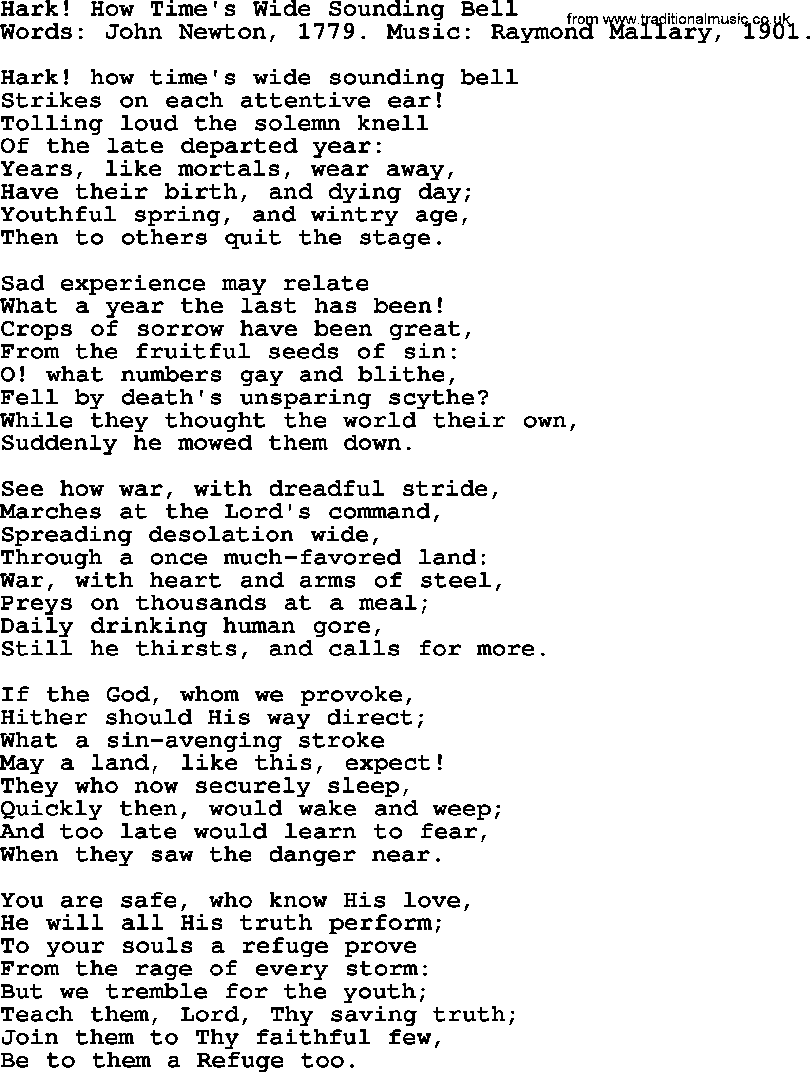 John Newton hymn: Hark  How Time's Wide Sounding Bell, lyrics