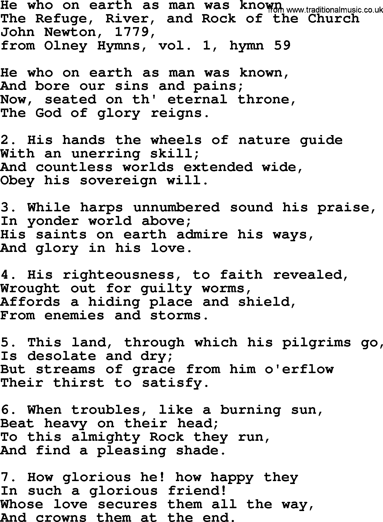 John Newton hymn: He Who On Earth As Man Was Known, lyrics