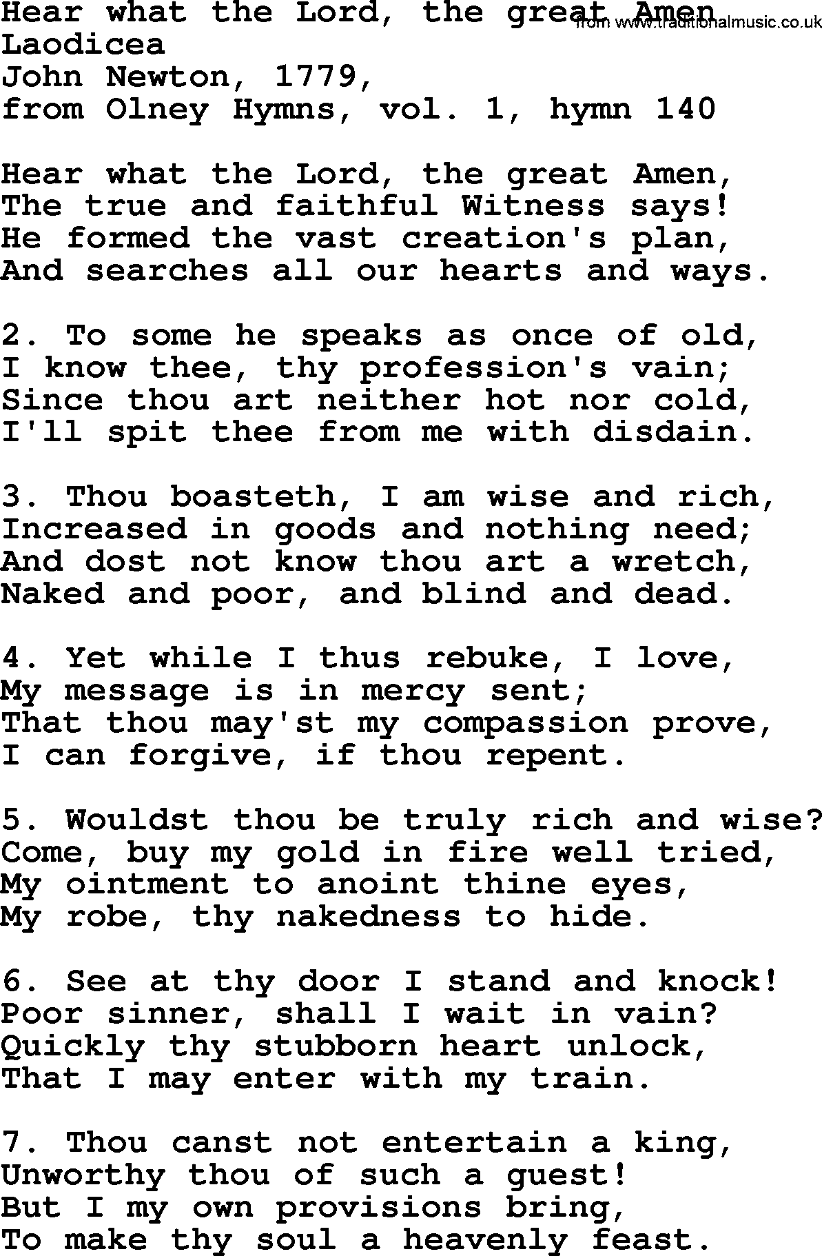 John Newton hymn: Hear What The Lord, The Great Amen, lyrics