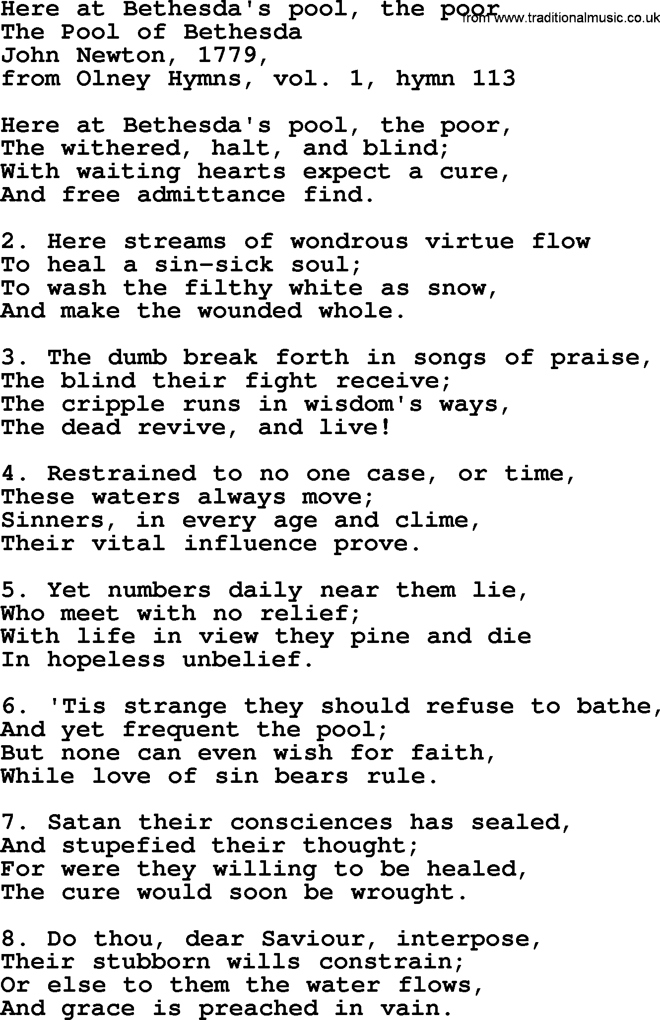 John Newton hymn: Here At Bethesda's Pool, The Poor, lyrics
