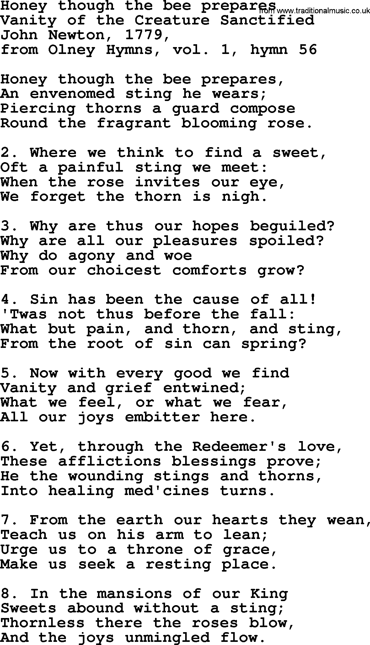John Newton hymn: Honey Though The Bee Prepares, lyrics
