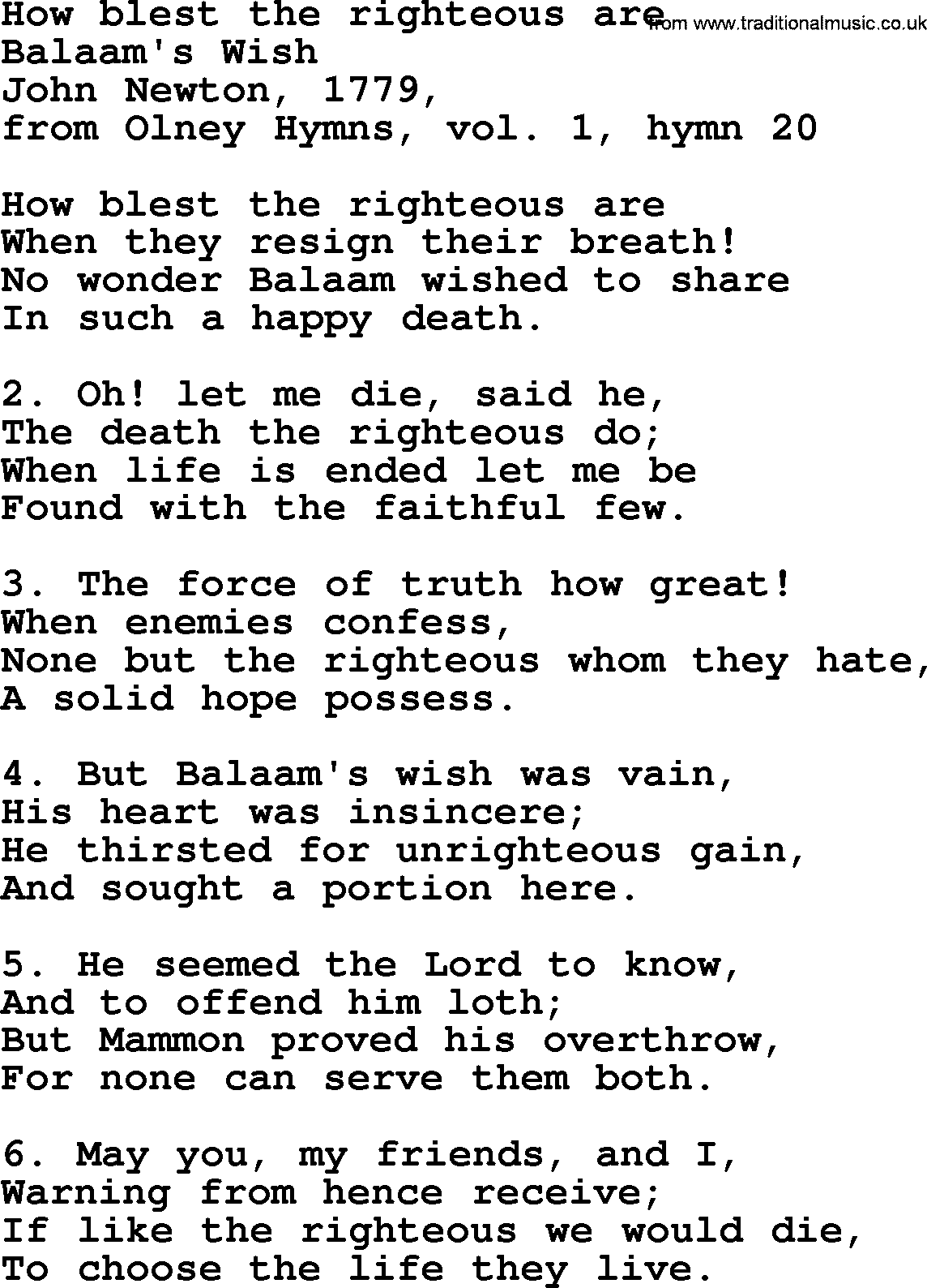 John Newton hymn: How Blest The Righteous Are, lyrics