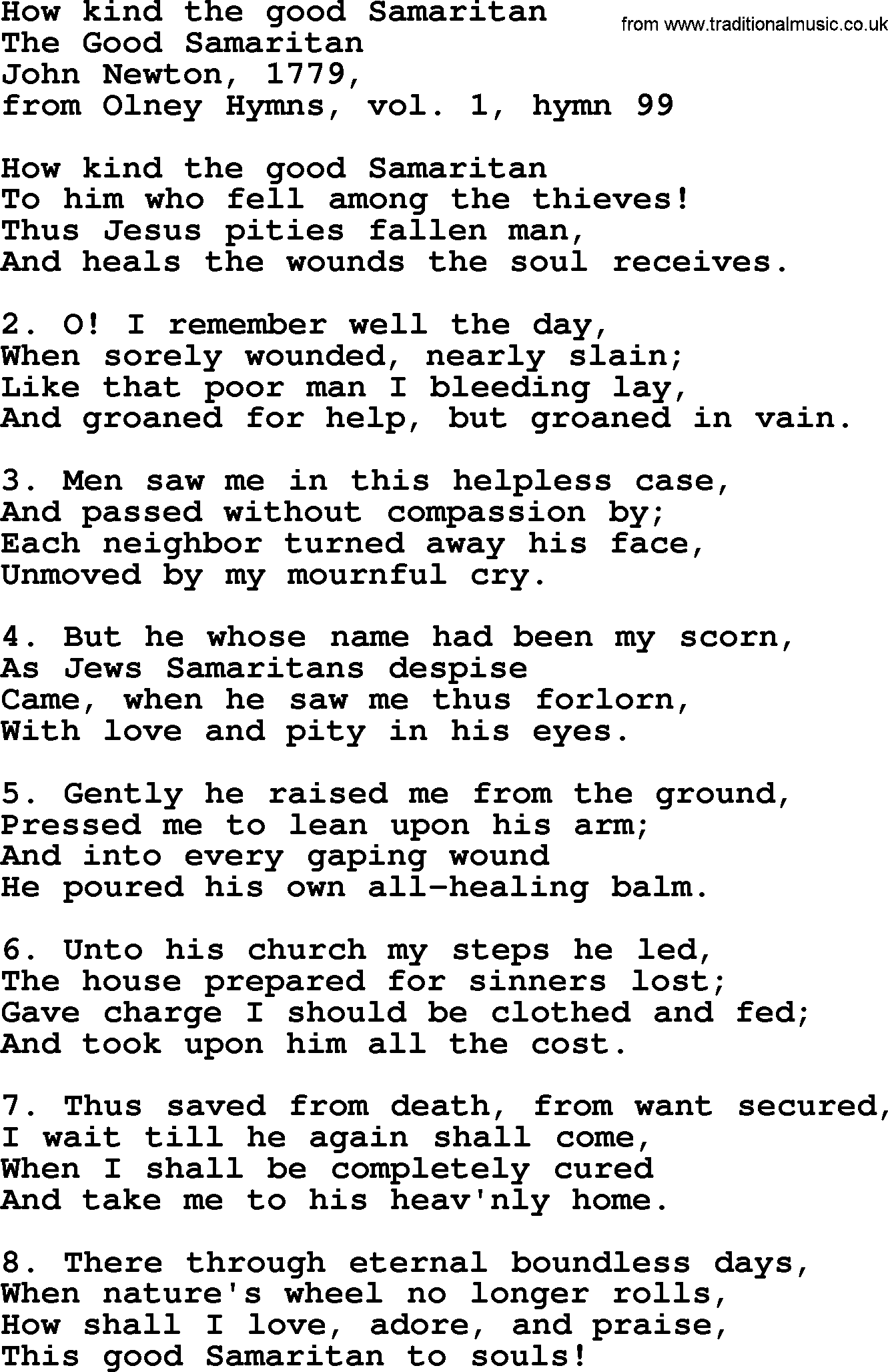 John Newton hymn: How Kind The Good Samaritan, lyrics