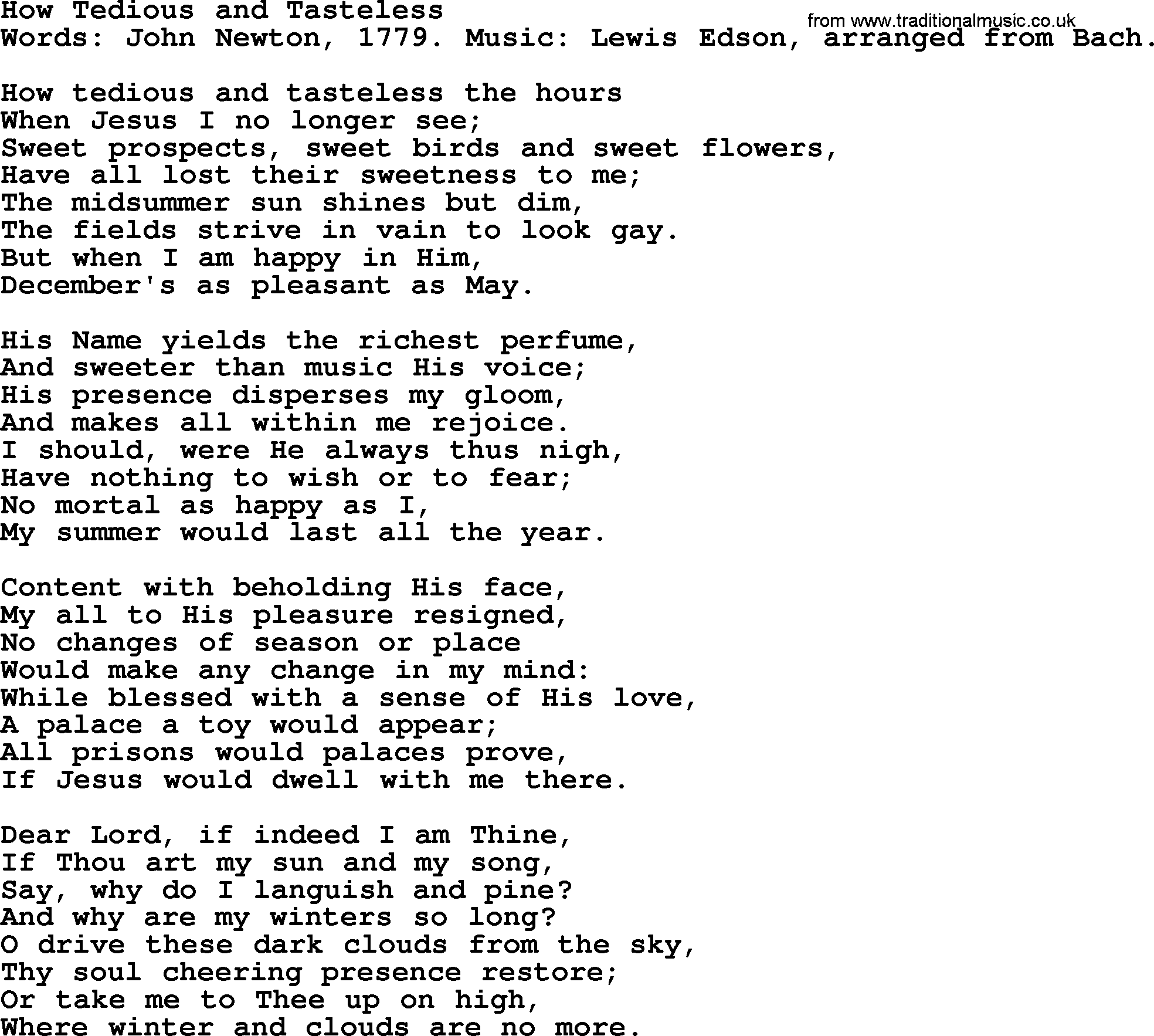John Newton hymn: How Tedious And Tasteless, lyrics