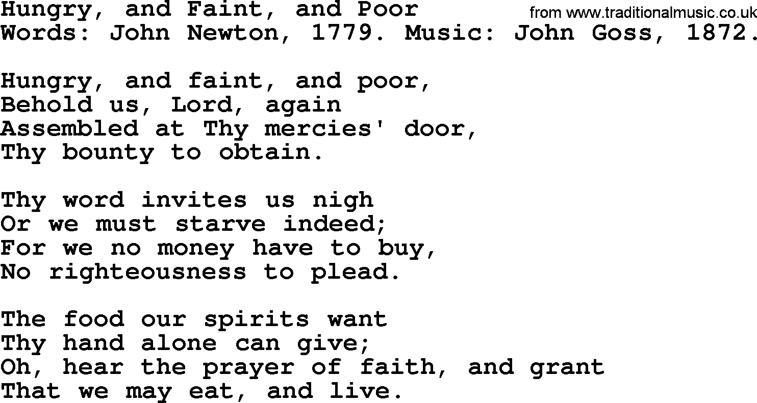 John Newton hymn: Hungry, And Faint, And Poor, lyrics