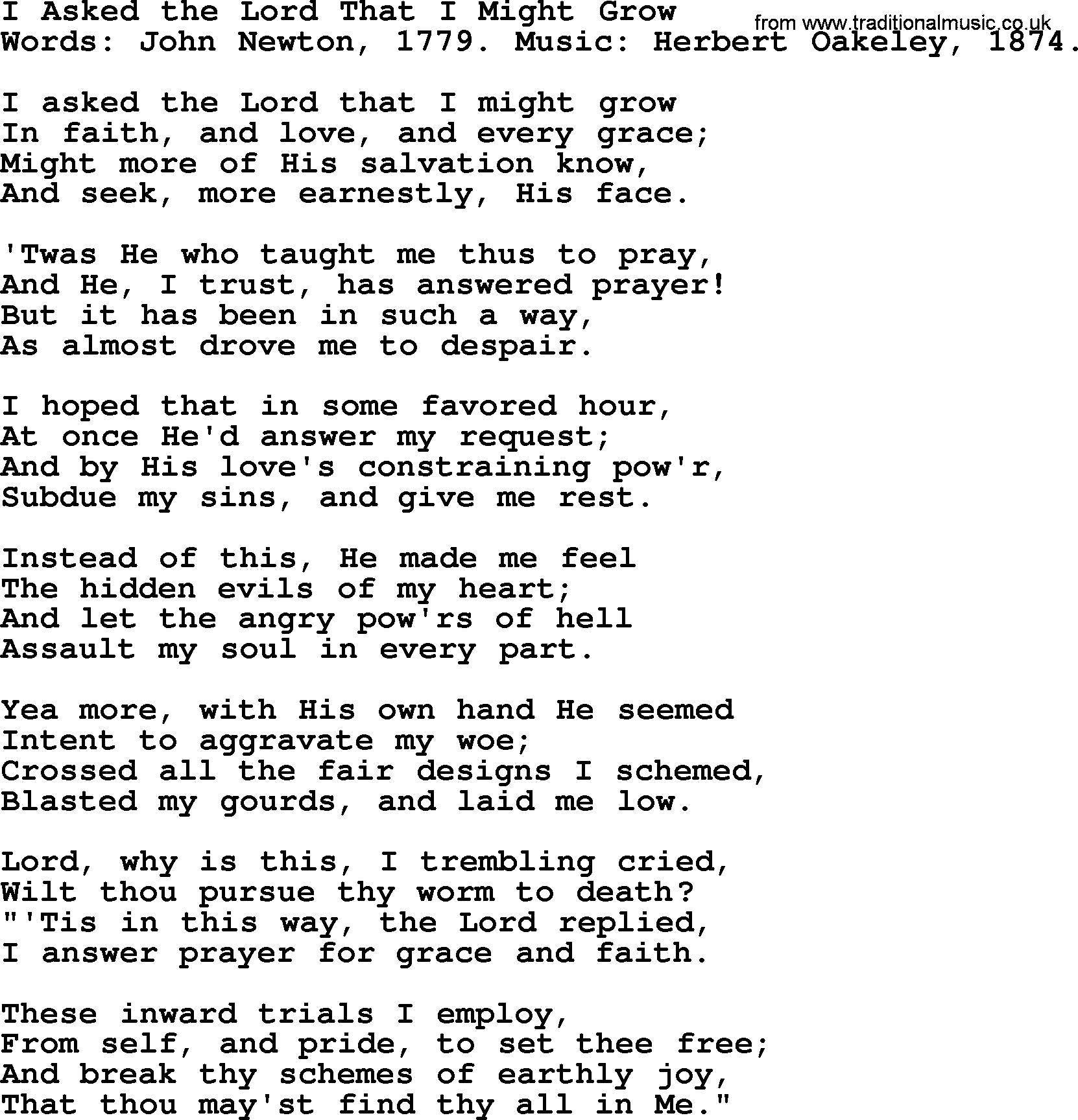 John Newton hymn: I Asked The Lord That I Might Grow, lyrics
