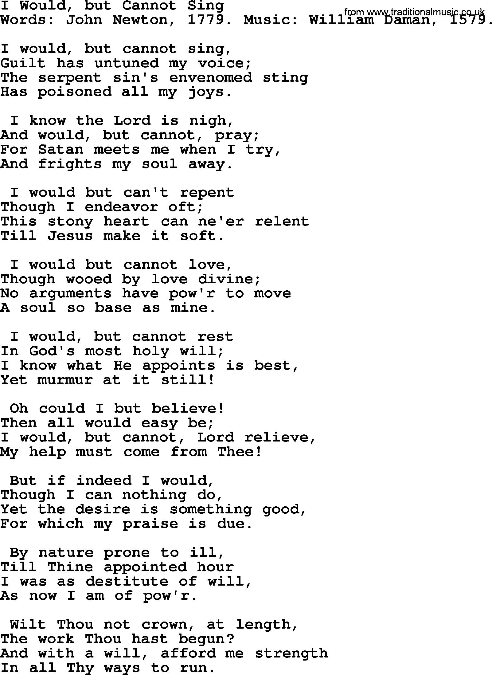 John Newton hymn: I Would, But Cannot Sing, lyrics