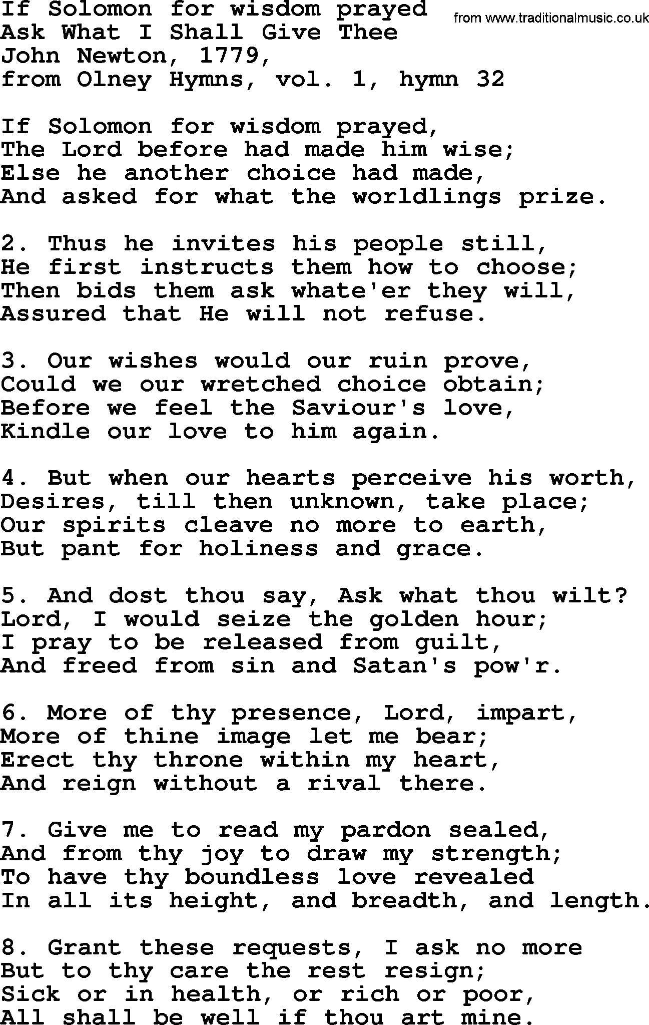 John Newton hymn: If Solomon For Wisdom Prayed, lyrics