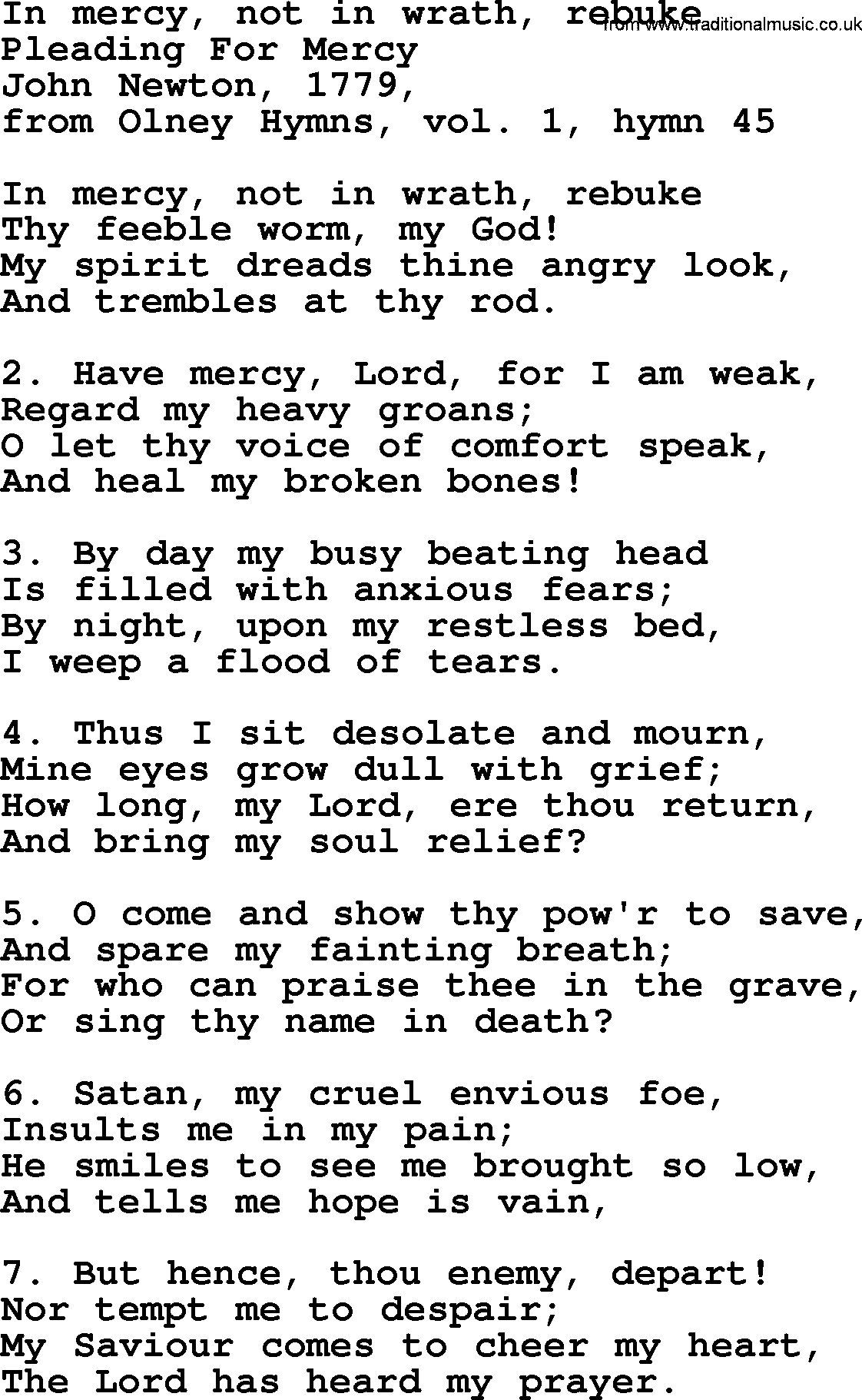 John Newton hymn: In Mercy, Not In Wrath, Rebuke, lyrics