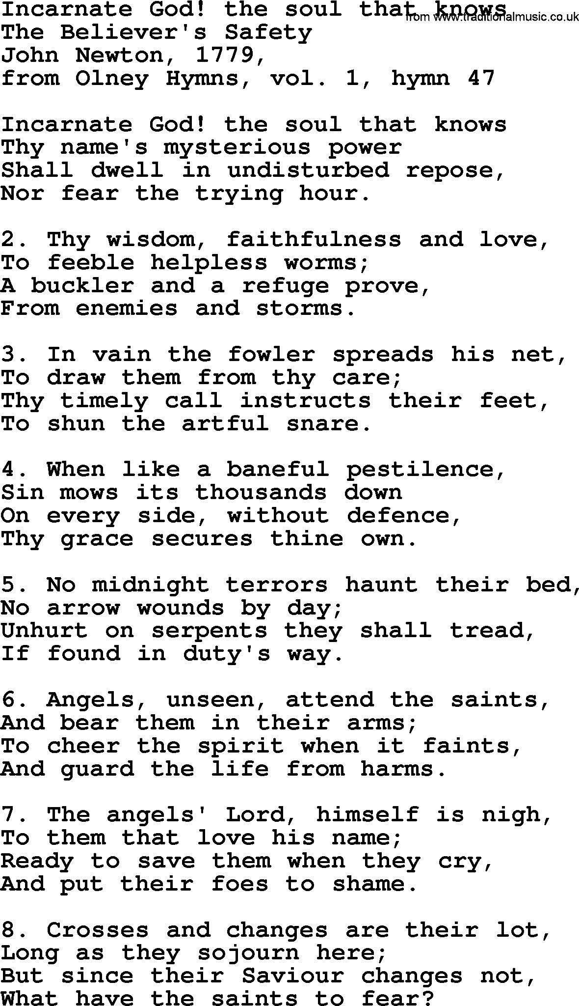 John Newton hymn: Incarnate God  The Soul That Knows, lyrics