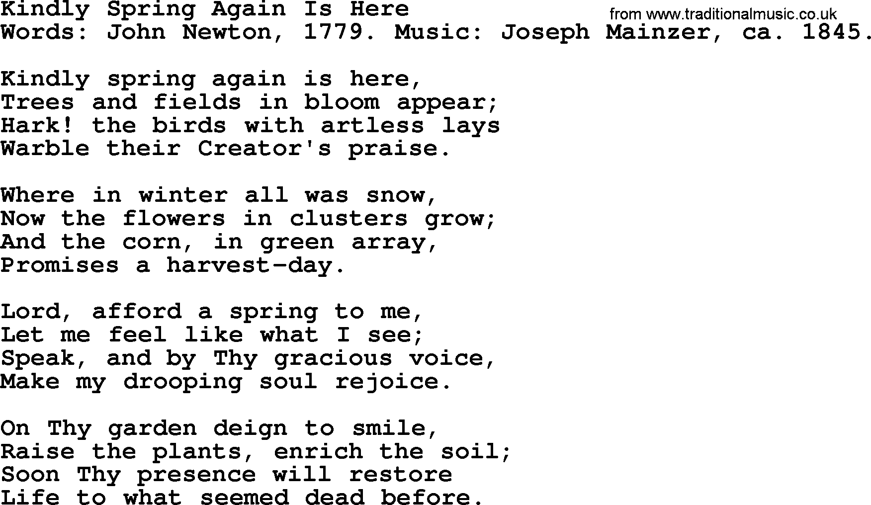 John Newton hymn: Kindly Spring Again Is Here, lyrics