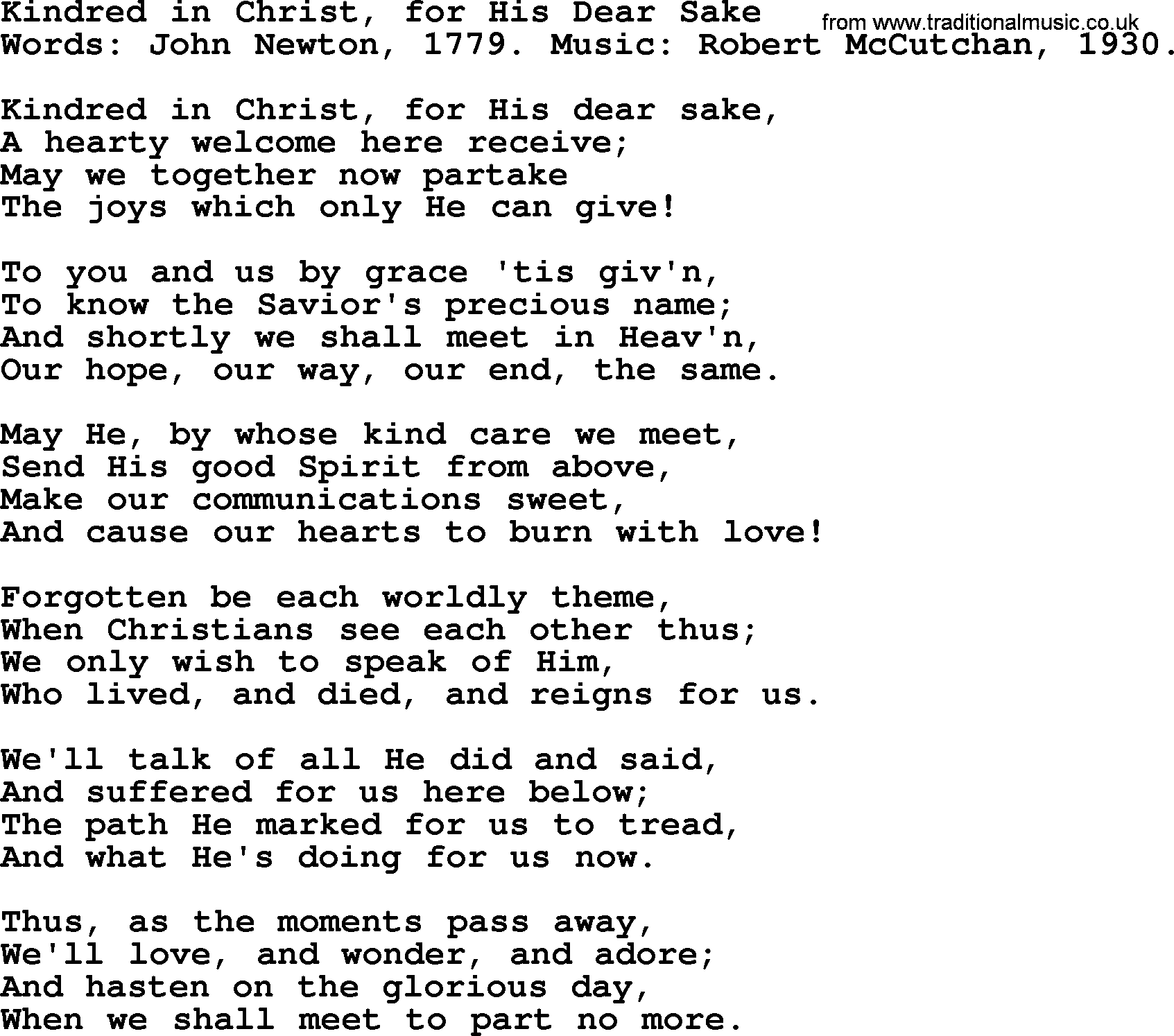 John Newton hymn: Kindred In Christ, For His Dear Sake, lyrics