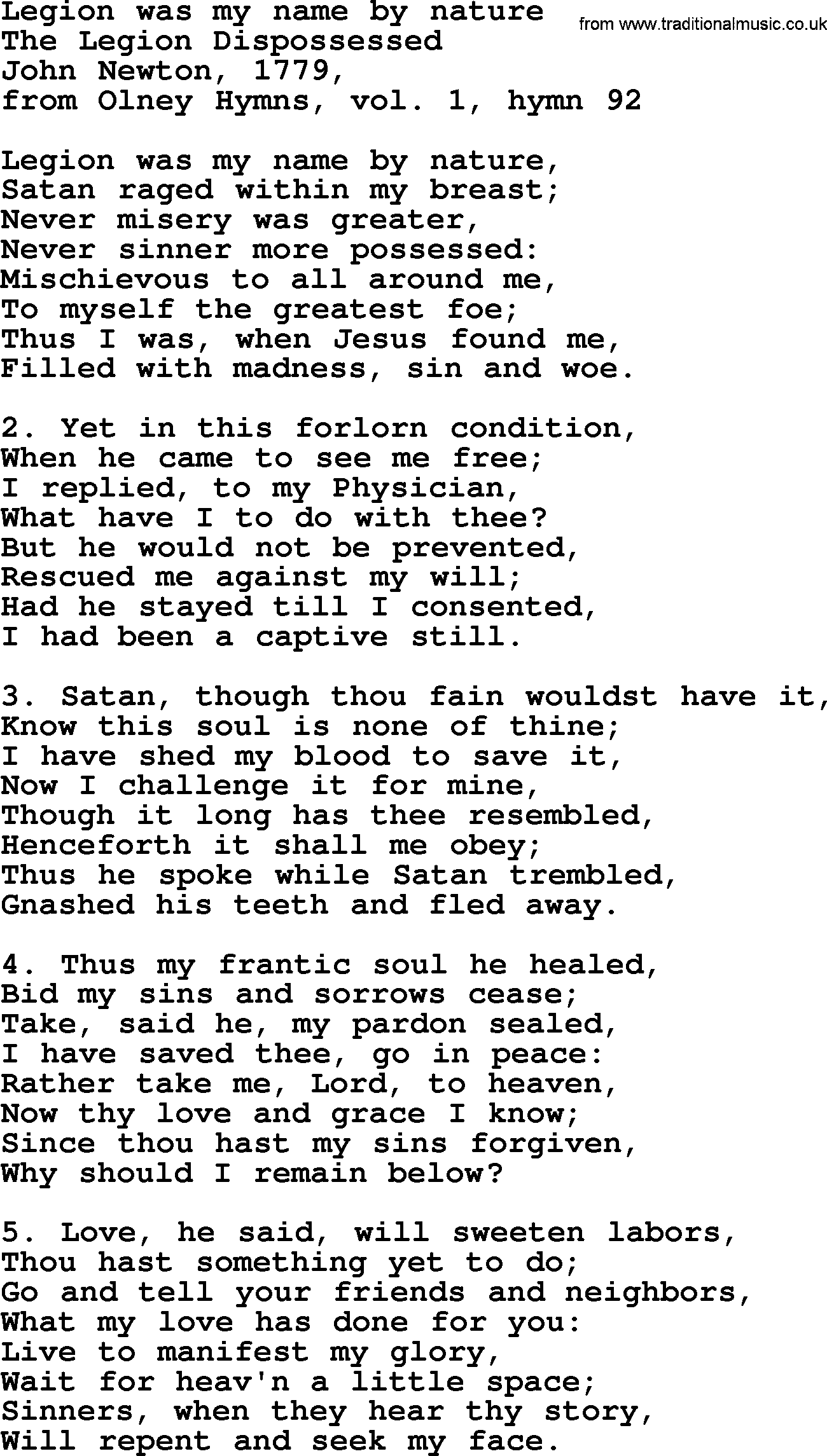 John Newton hymn: Legion Was My Name By Nature, lyrics