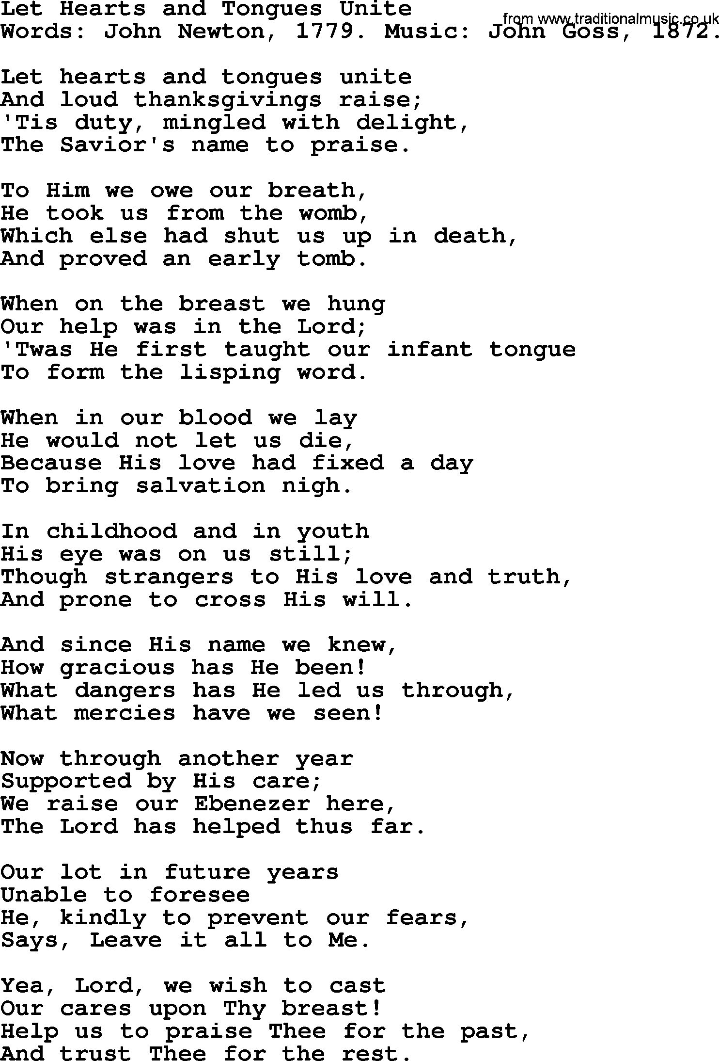 John Newton hymn: Let Hearts And Tongues Unite, lyrics