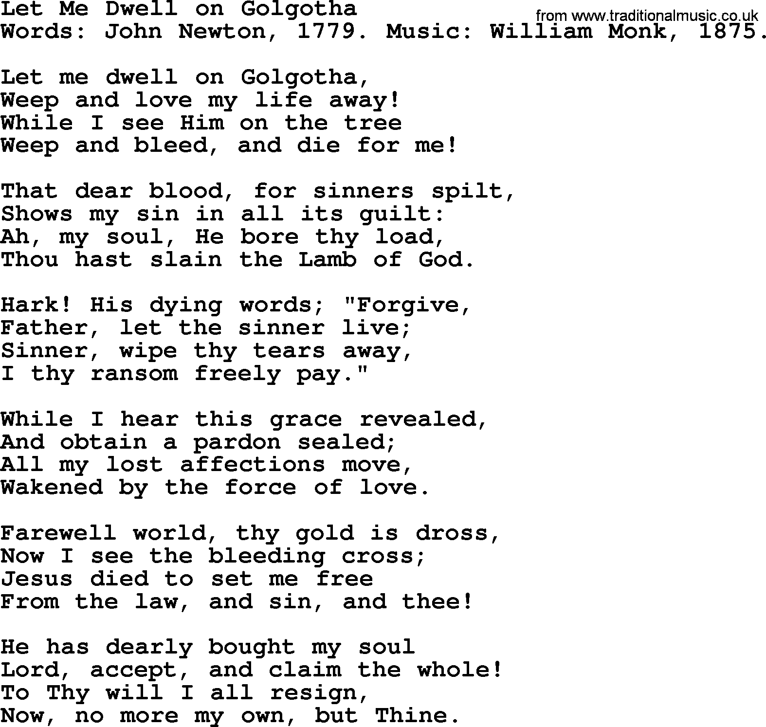 John Newton hymn: Let Me Dwell On Golgotha, lyrics
