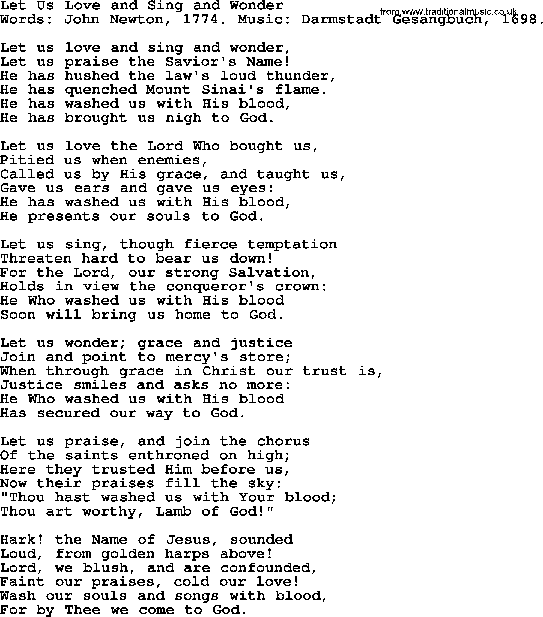 John Newton hymn: Let Us Love And Sing And Wonder, lyrics
