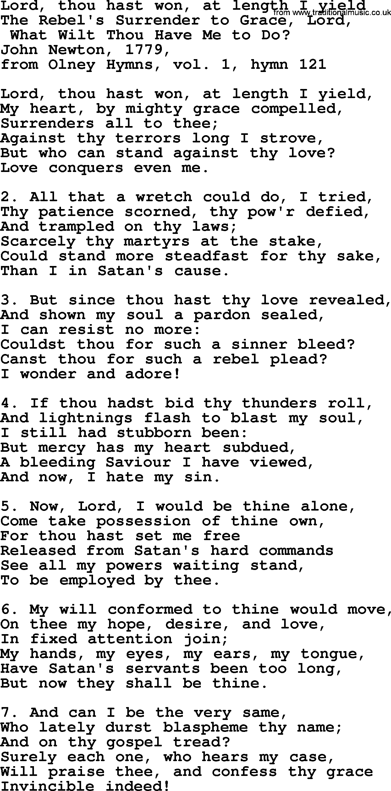 John Newton hymn: Lord, Thou Hast Won, At Length I Yield, lyrics