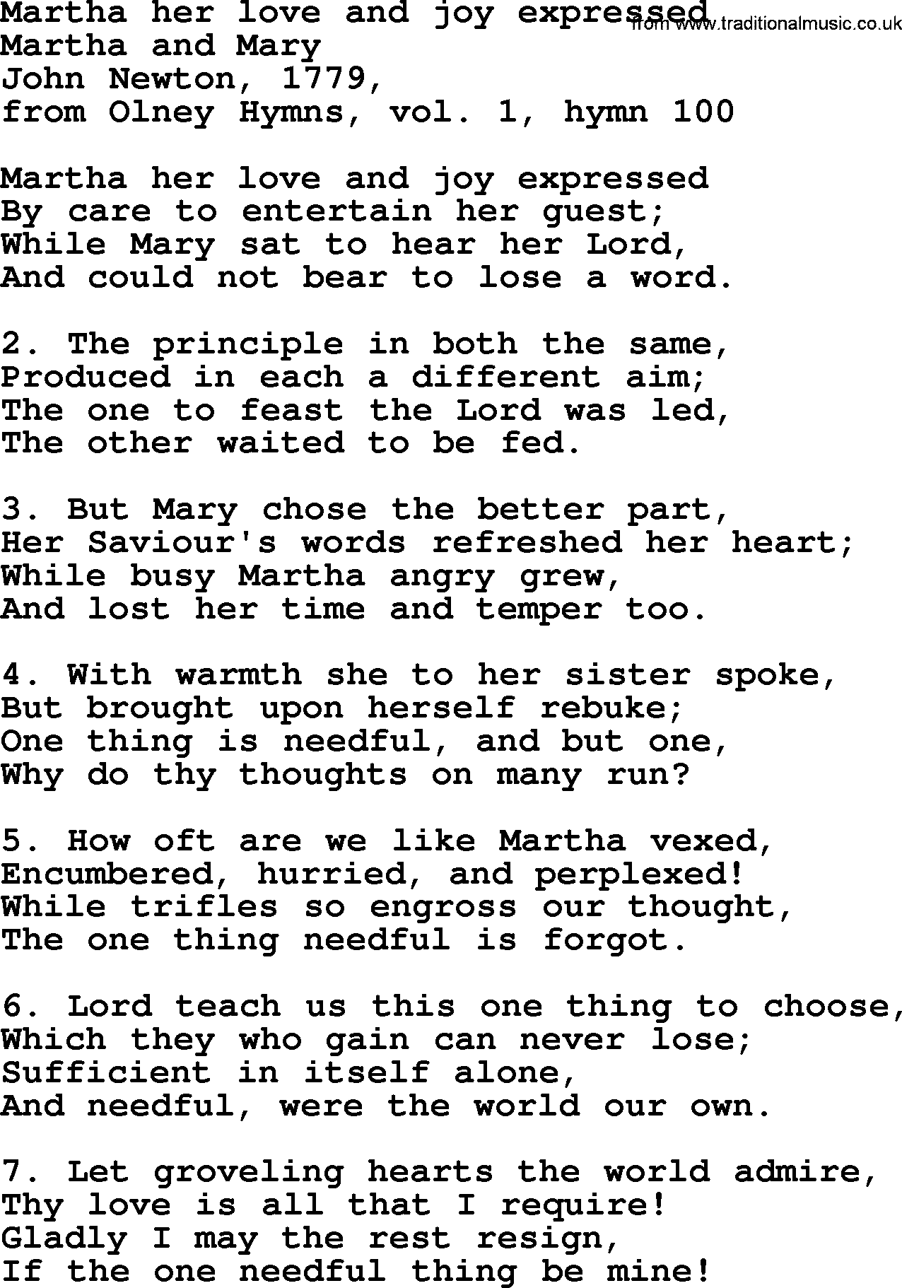 John Newton hymn: Martha Her Love And Joy Expressed, lyrics