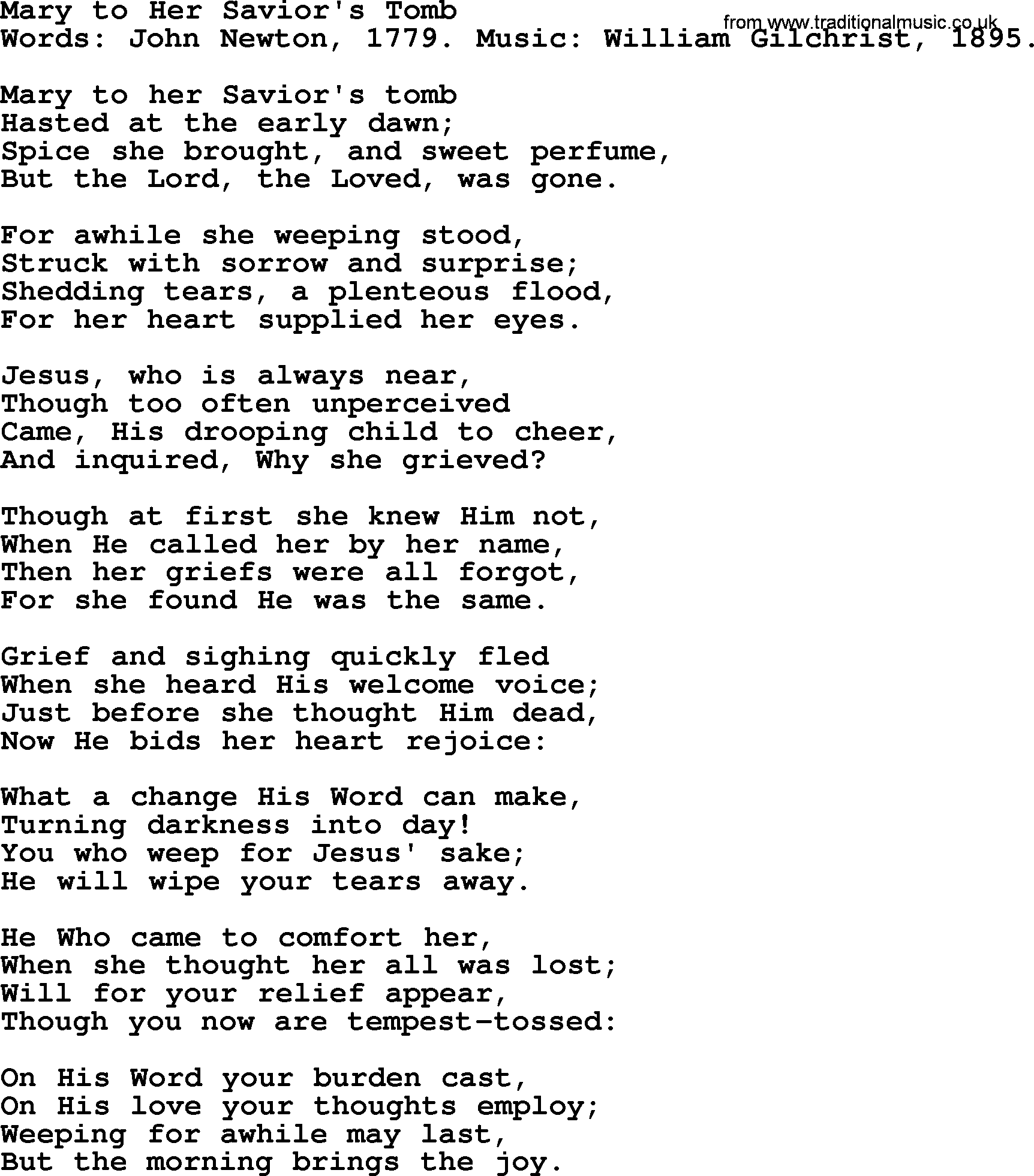 John Newton hymn: Mary To Her Savior's Tomb, lyrics