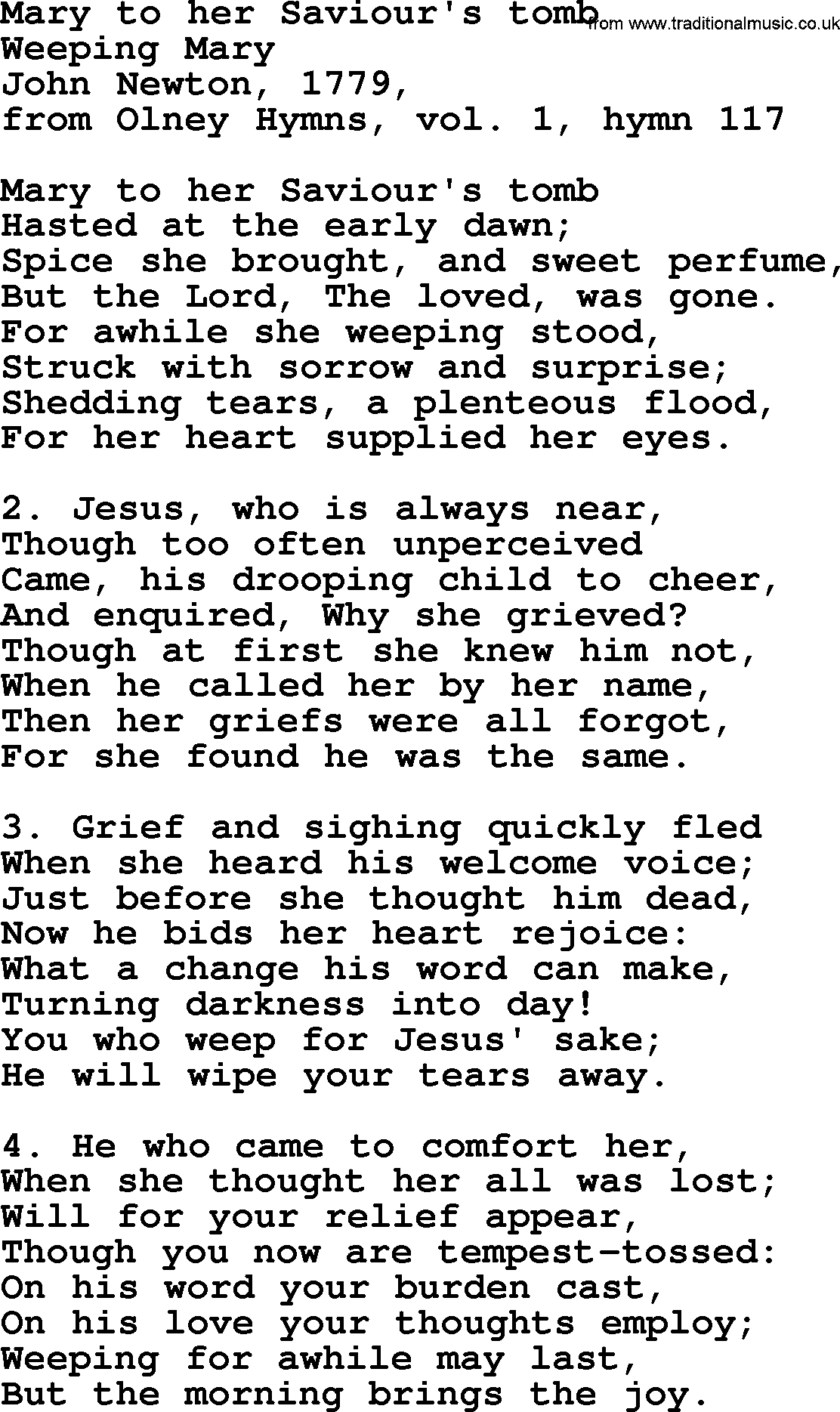 John Newton hymn: Mary To Her Saviour's Tomb, lyrics