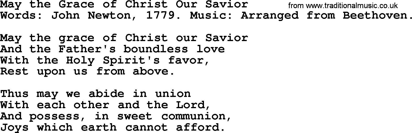 John Newton hymn: May The Grace Of Christ Our Savior, lyrics