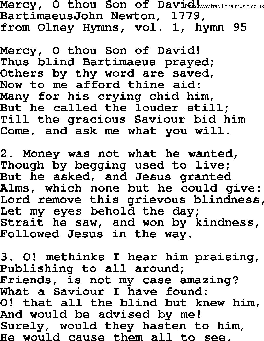 John Newton hymn: Mercy, O Thou Son Of David , lyrics