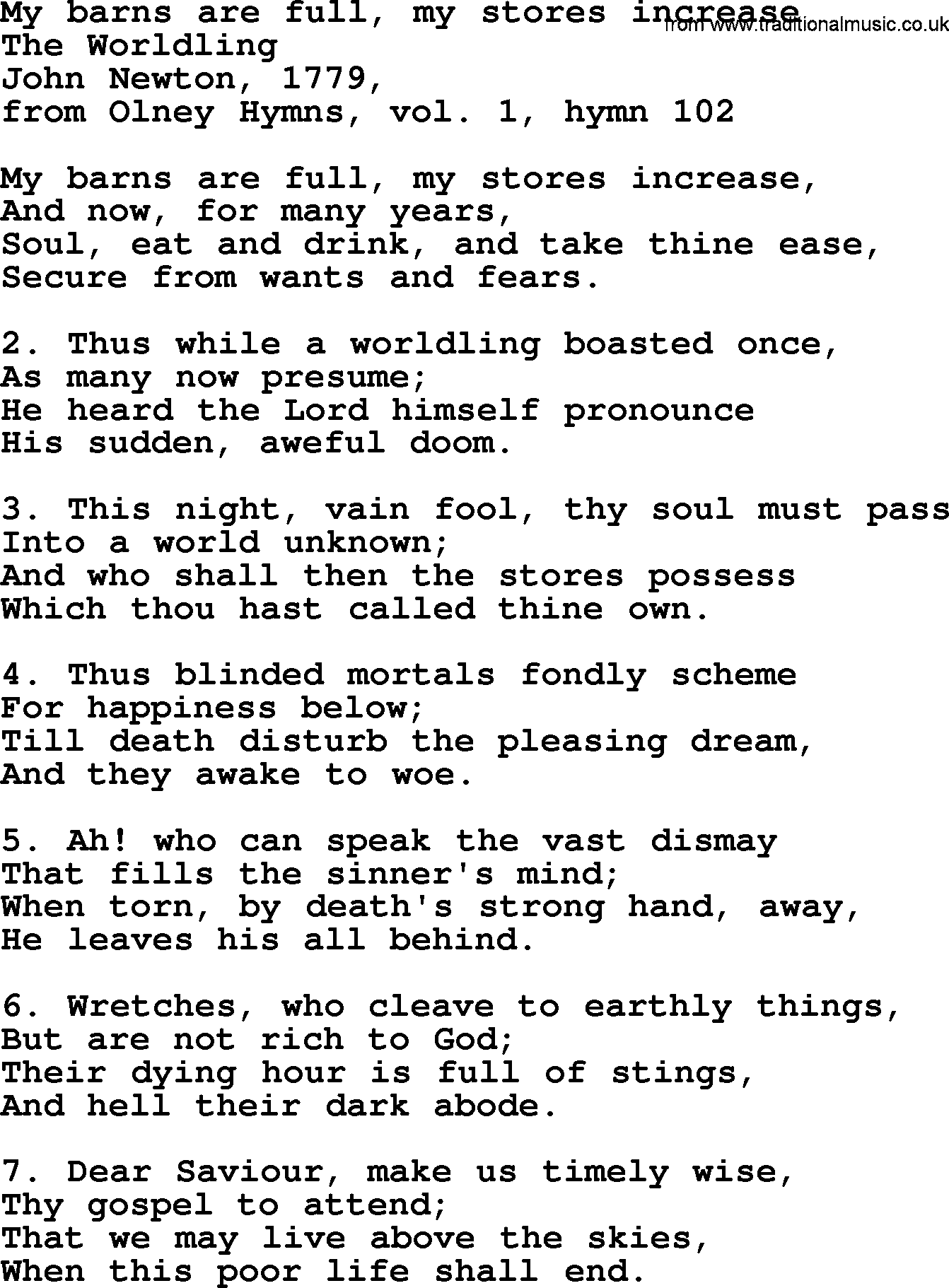 John Newton hymn: My Barns Are Full, My Stores Increase, lyrics