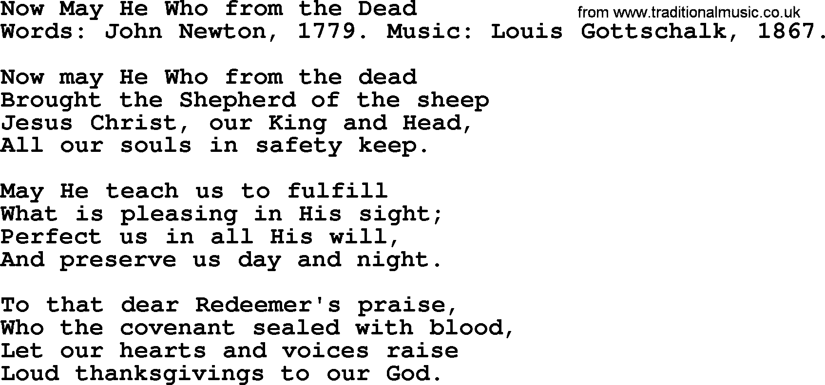 John Newton hymn: Now May He Who From The Dead, lyrics