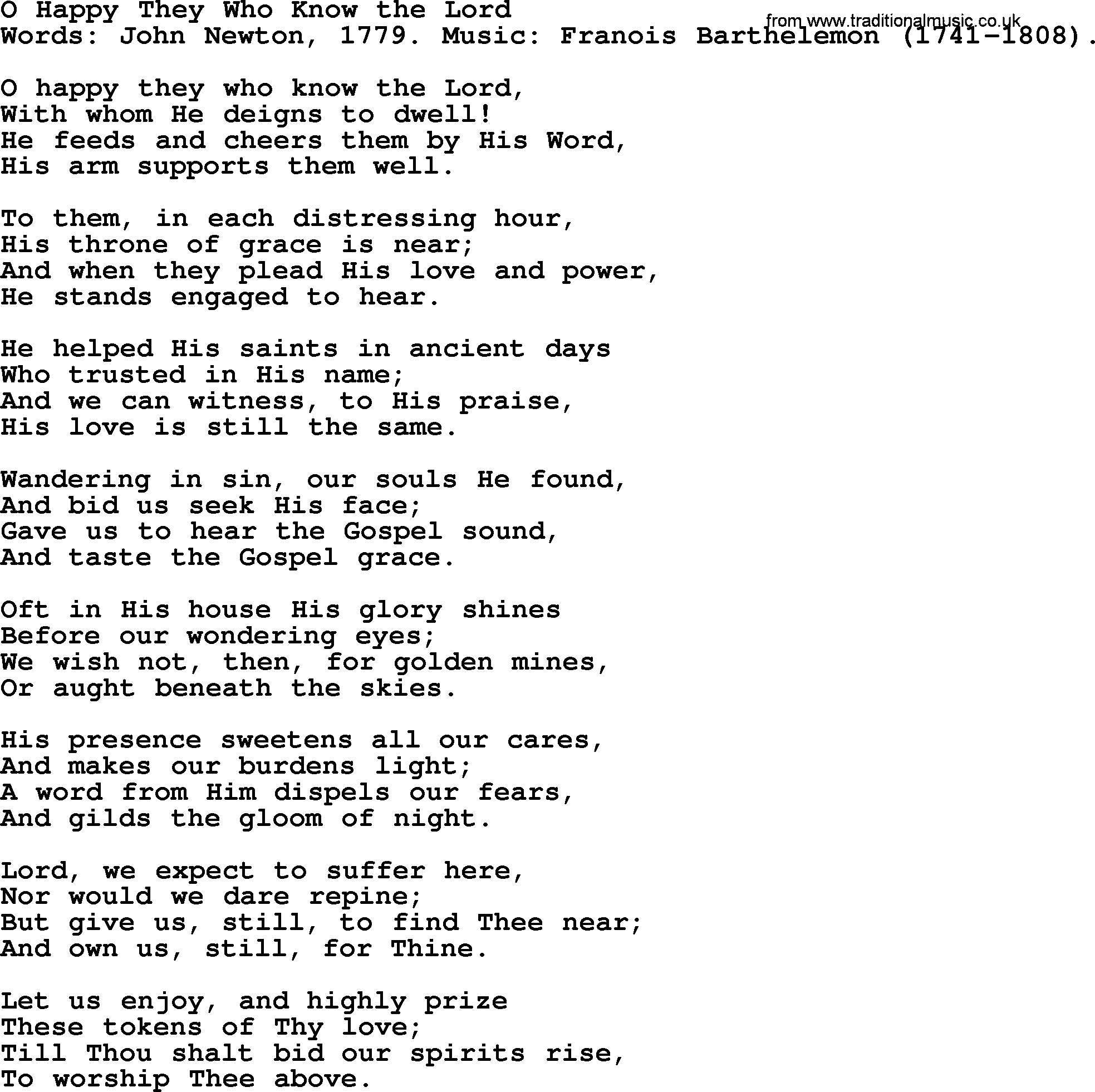 John Newton hymn: O Happy They Who Know The Lord, lyrics