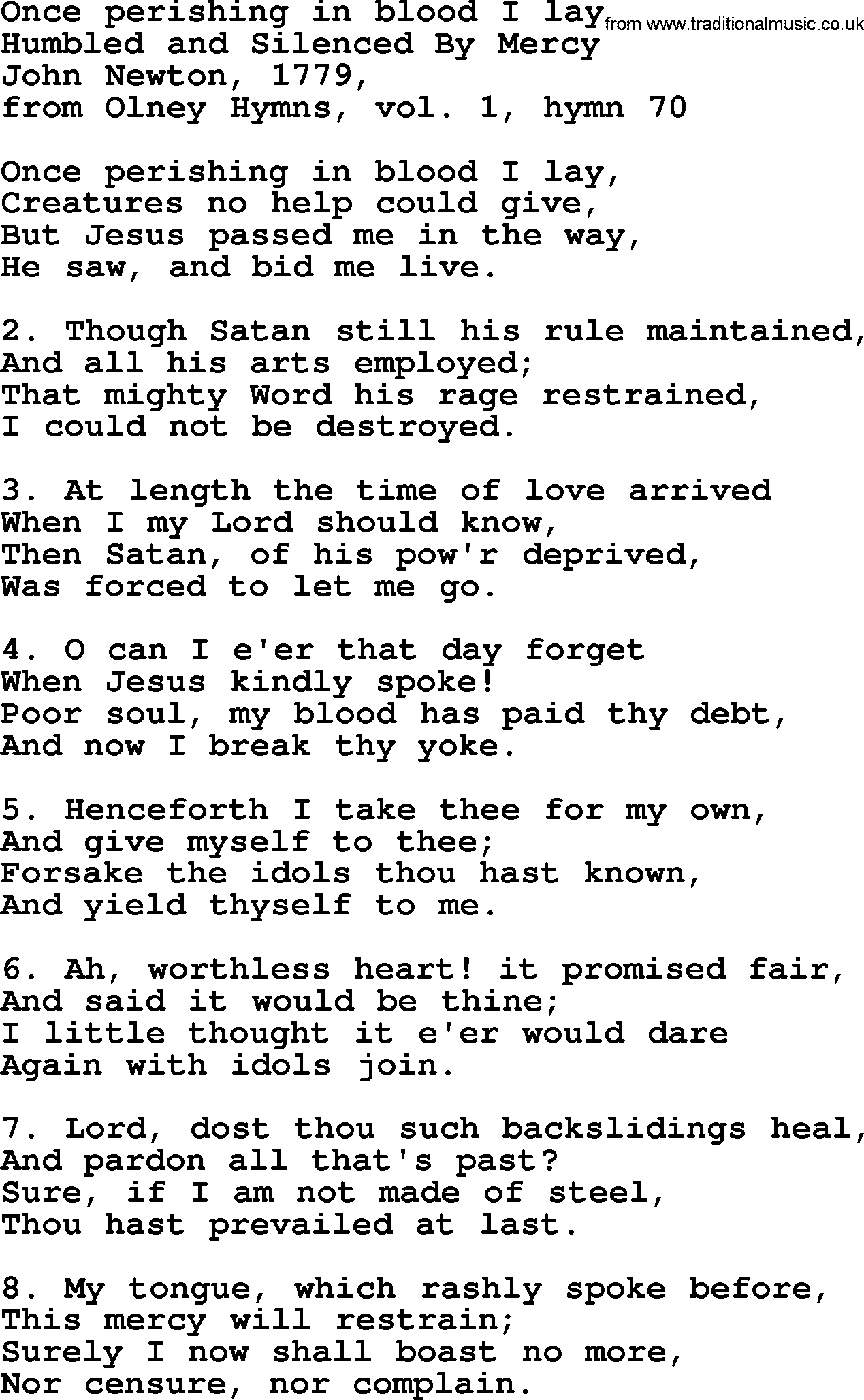 John Newton hymn: Once Perishing In Blood I Lay, lyrics