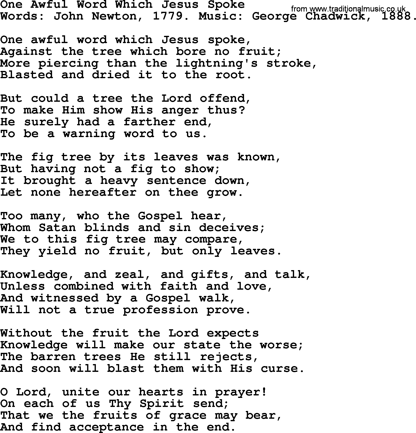 John Newton hymn: One Awful Word Which Jesus Spoke, lyrics