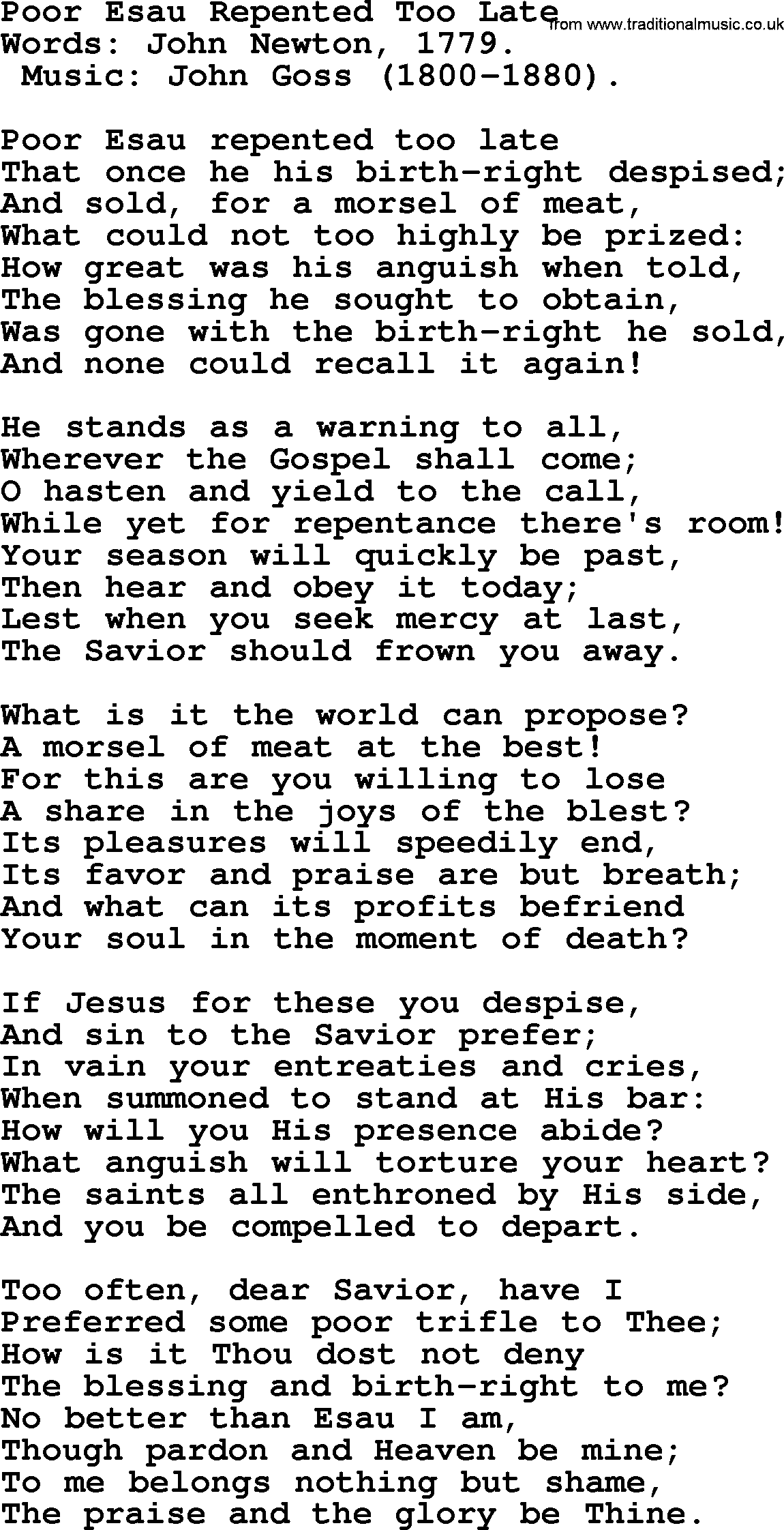 John Newton hymn: Poor Esau Repented Too Late, lyrics