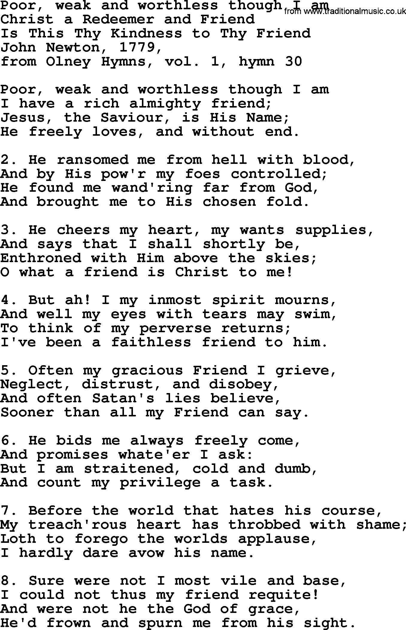 John Newton hymn: Poor, Weak And Worthless Though I Am, lyrics