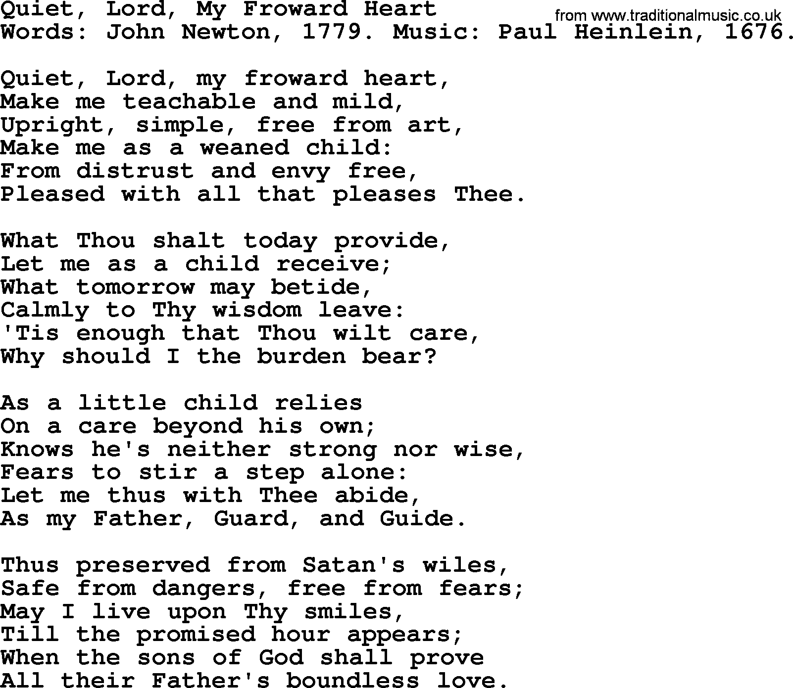 John Newton hymn: Quiet, Lord, My Froward Heart, lyrics