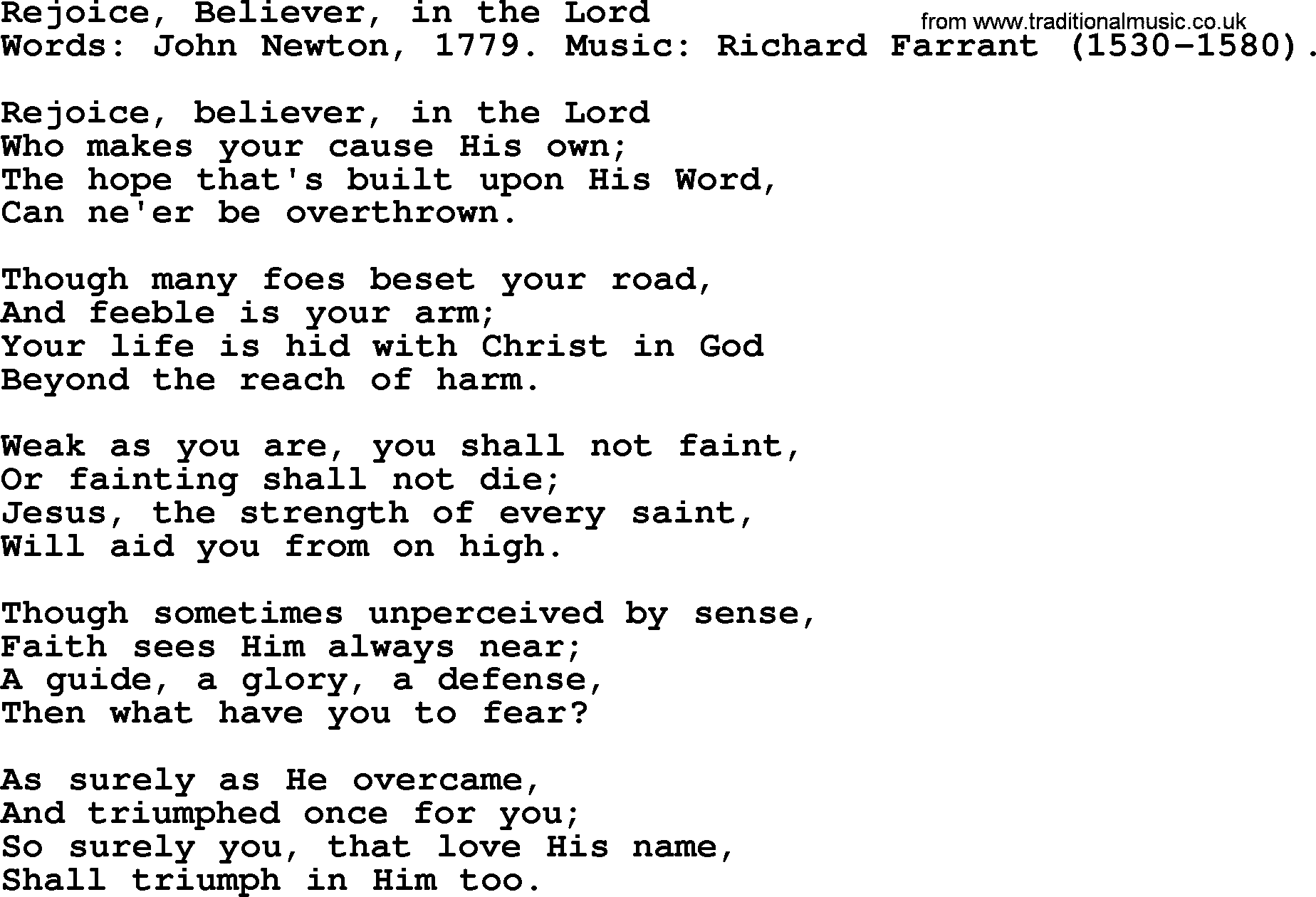John Newton hymn: Rejoice, Believer, In The Lord, lyrics