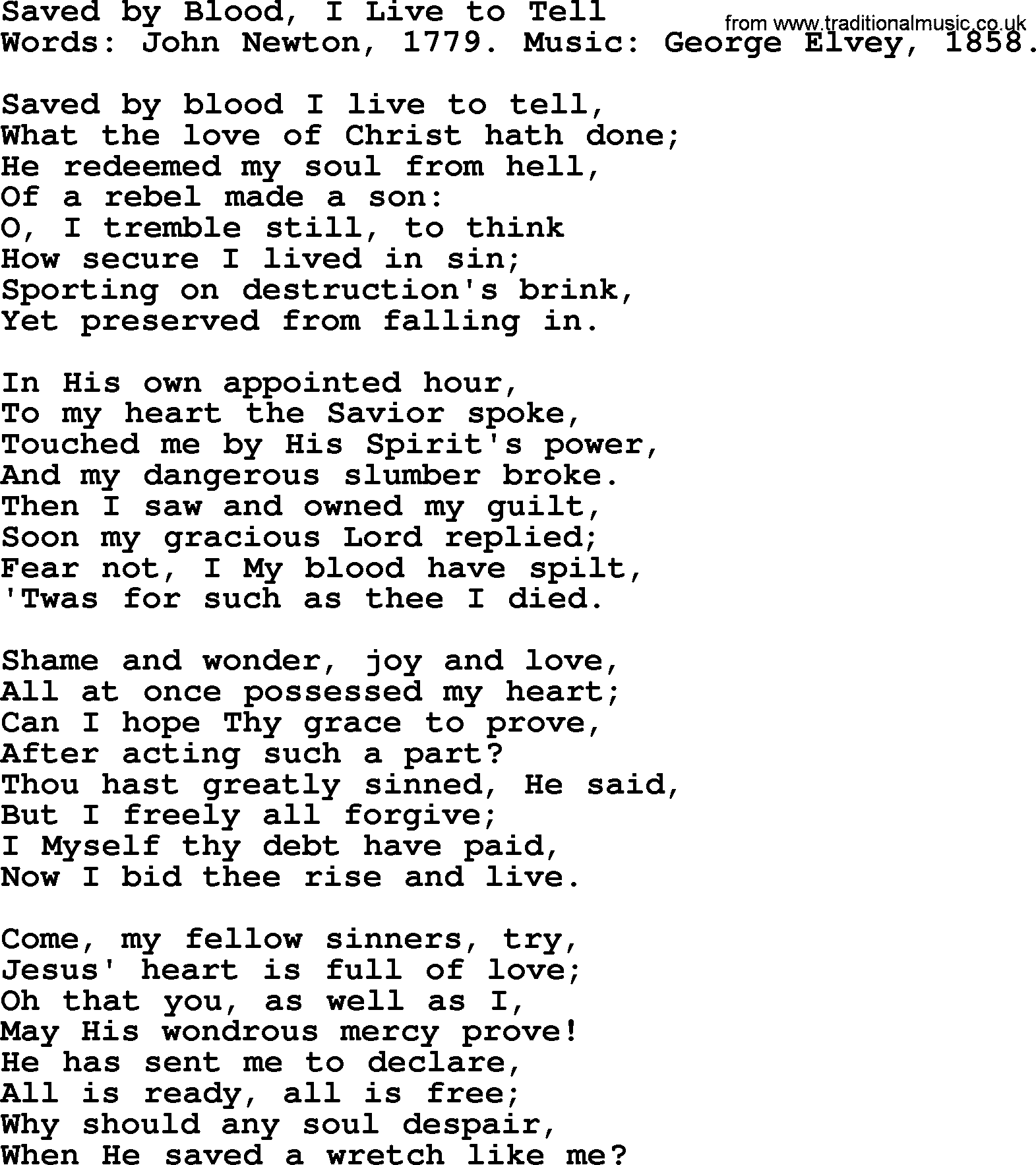 John Newton hymn: Saved By Blood, I Live To Tell, lyrics