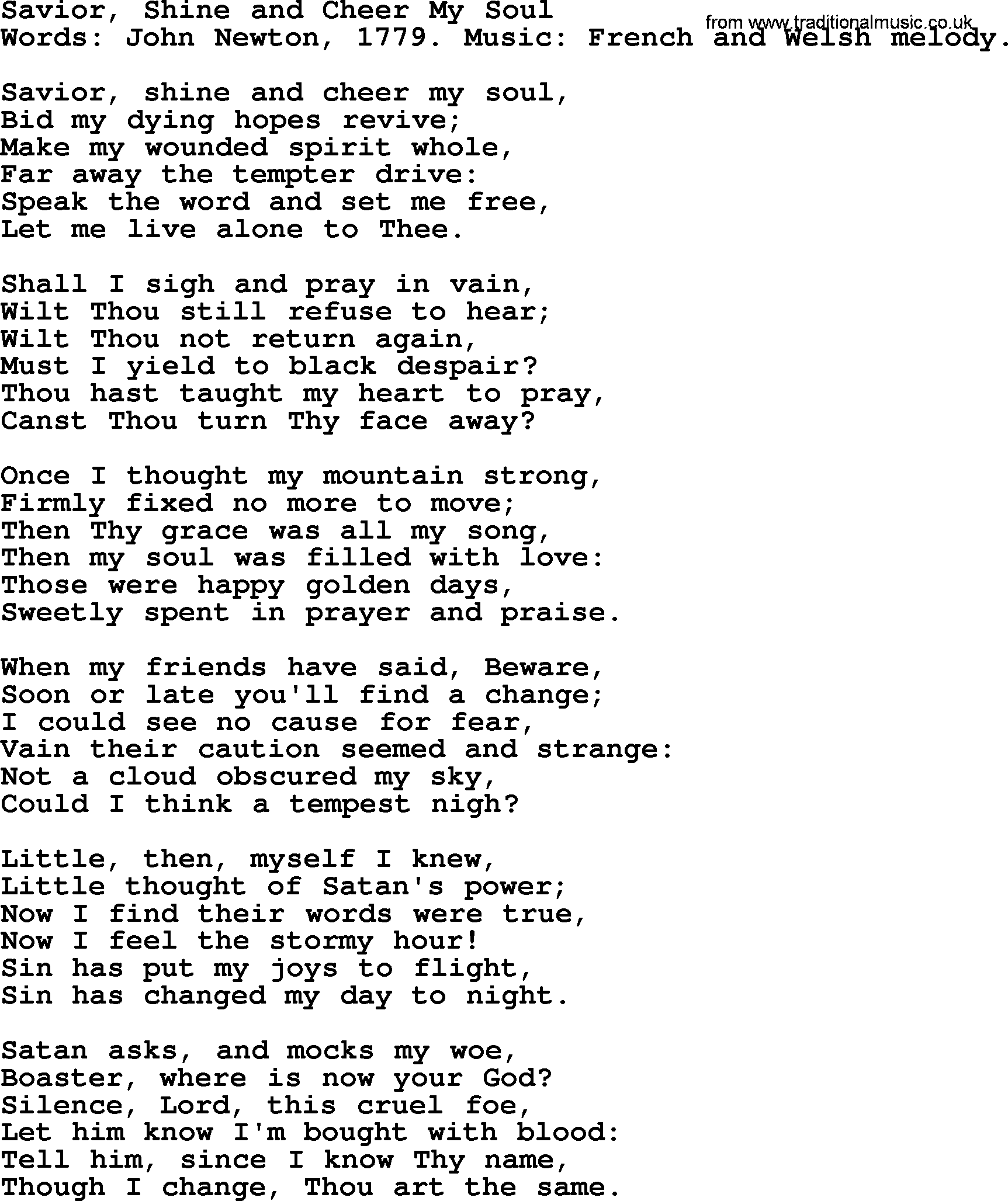 John Newton hymn: Savior, Shine And Cheer My Soul, lyrics