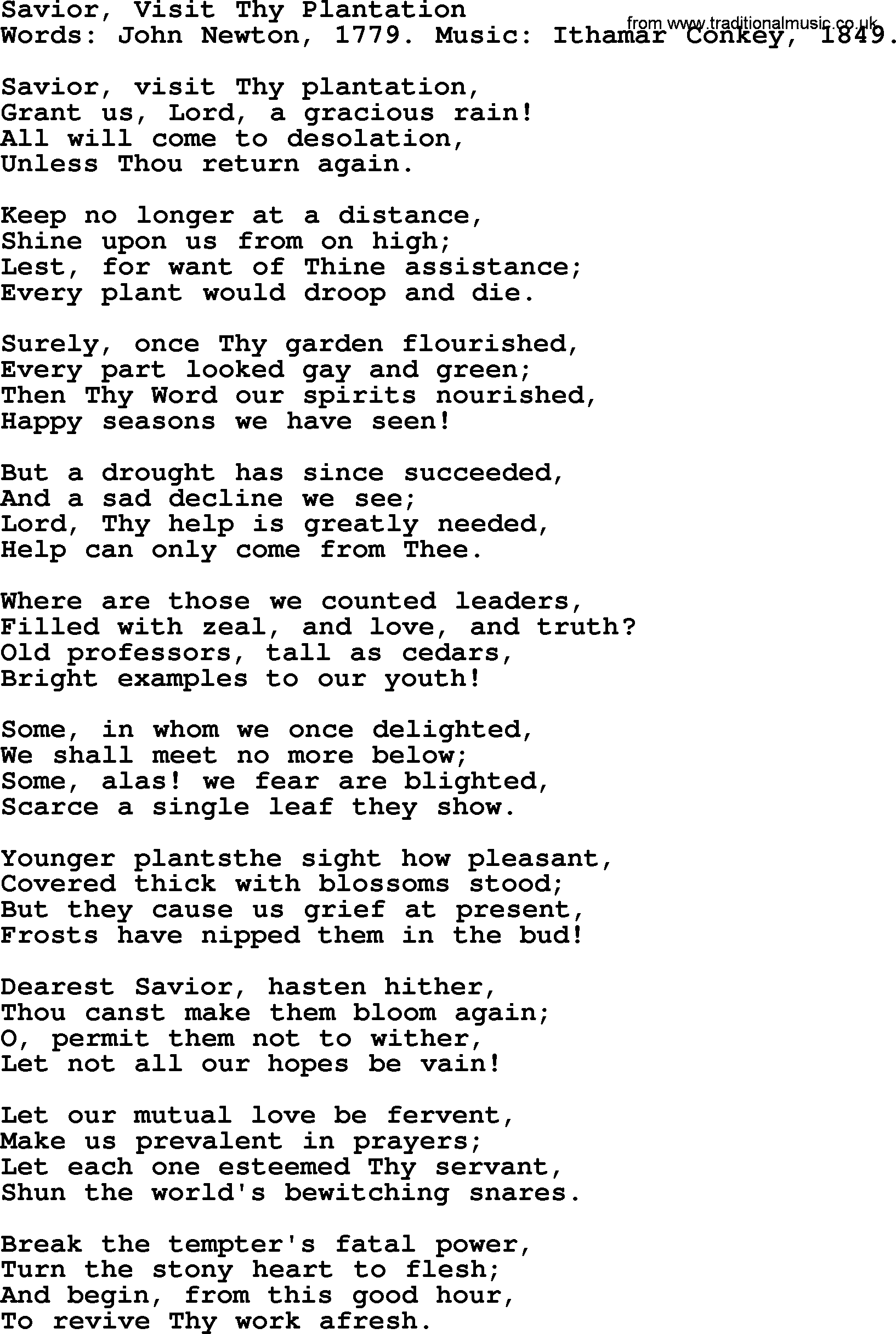 John Newton hymn: Savior, Visit Thy Plantation, lyrics