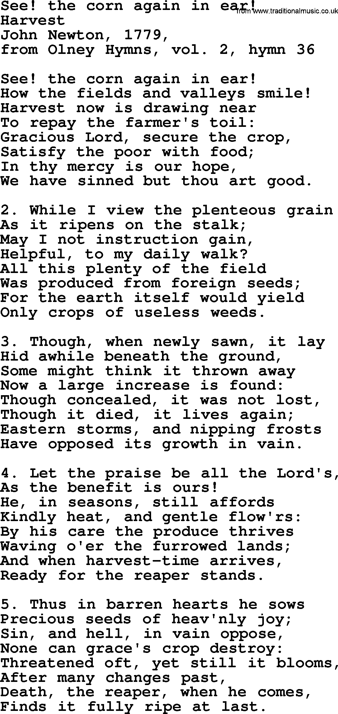 John Newton hymn: See  The Corn Again In Ear , lyrics