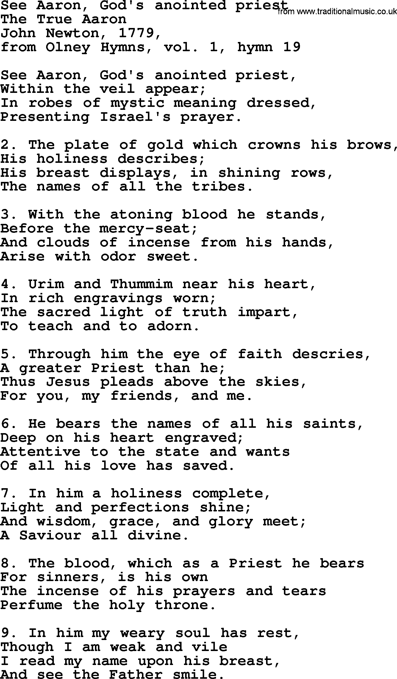John Newton hymn: See Aaron, God's Anointed Priest, lyrics