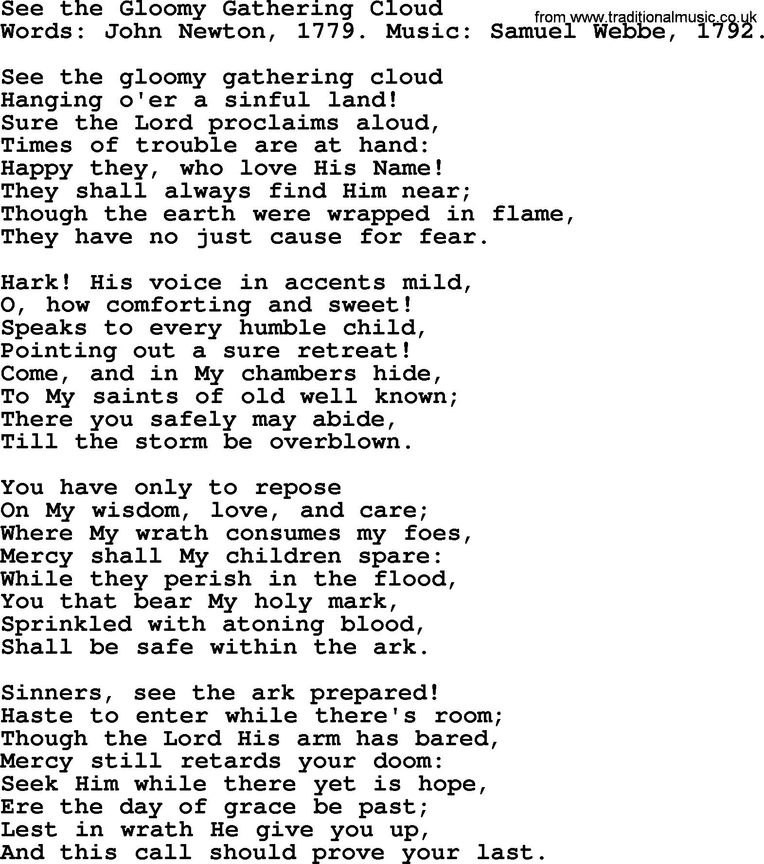 John Newton hymn: See The Gloomy Gathering Cloud, lyrics