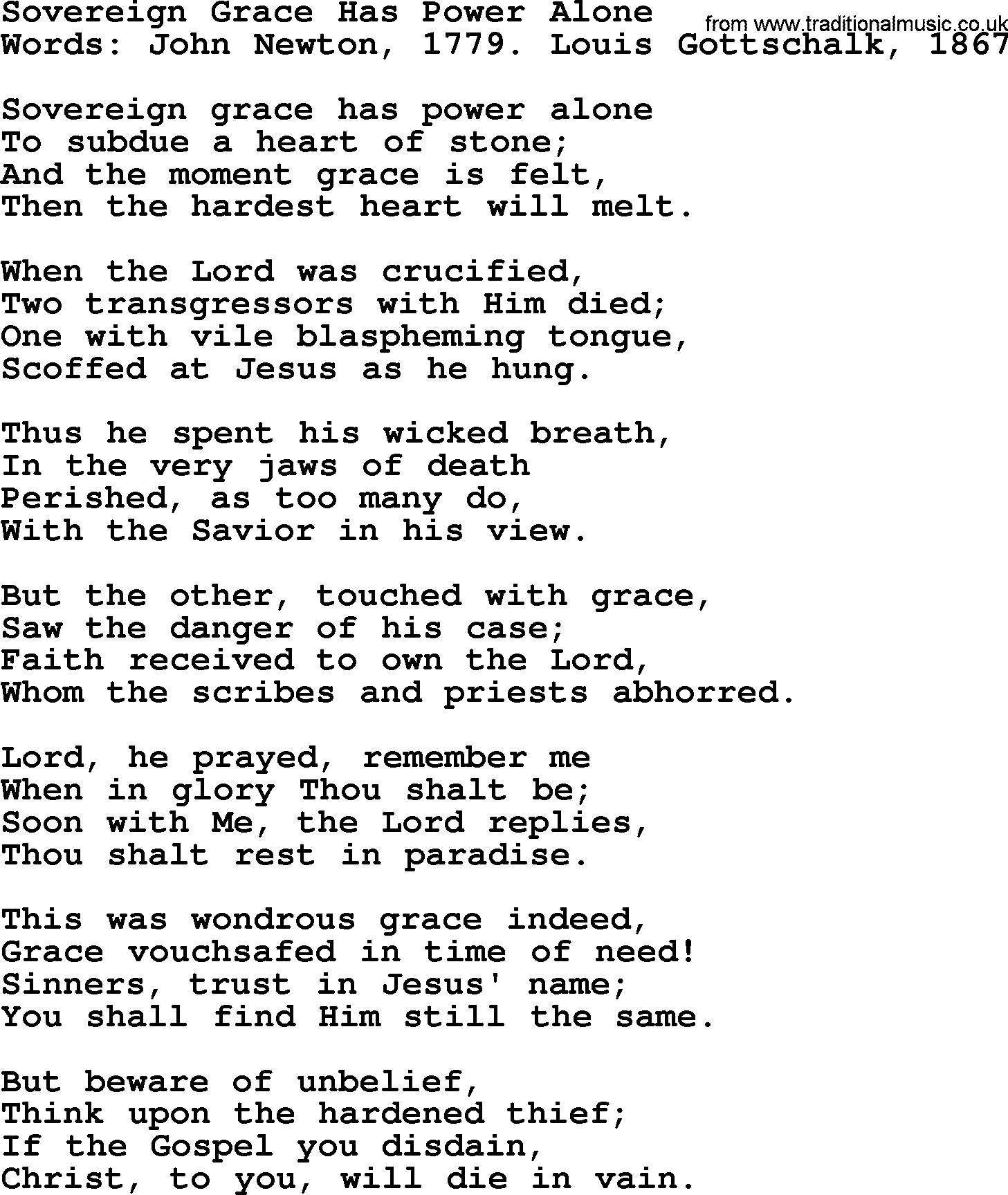 John Newton hymn: Sovereign Grace Has Power Alone, lyrics