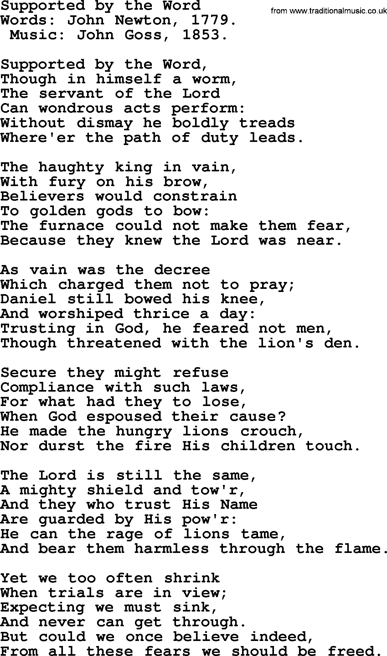John Newton hymn: Supported By The Word, lyrics