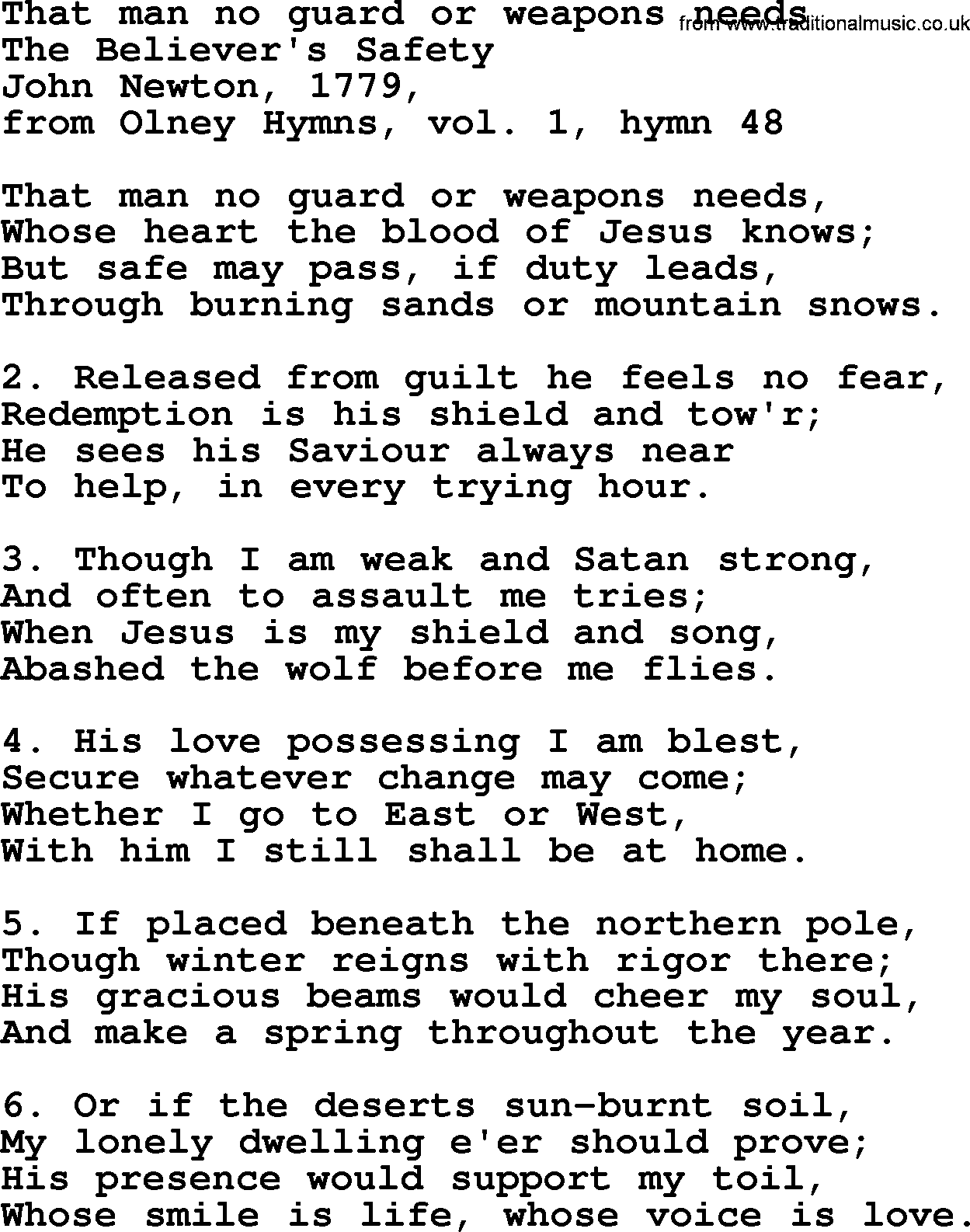 John Newton hymn: That Man No Guard Or Weapons Needs, lyrics