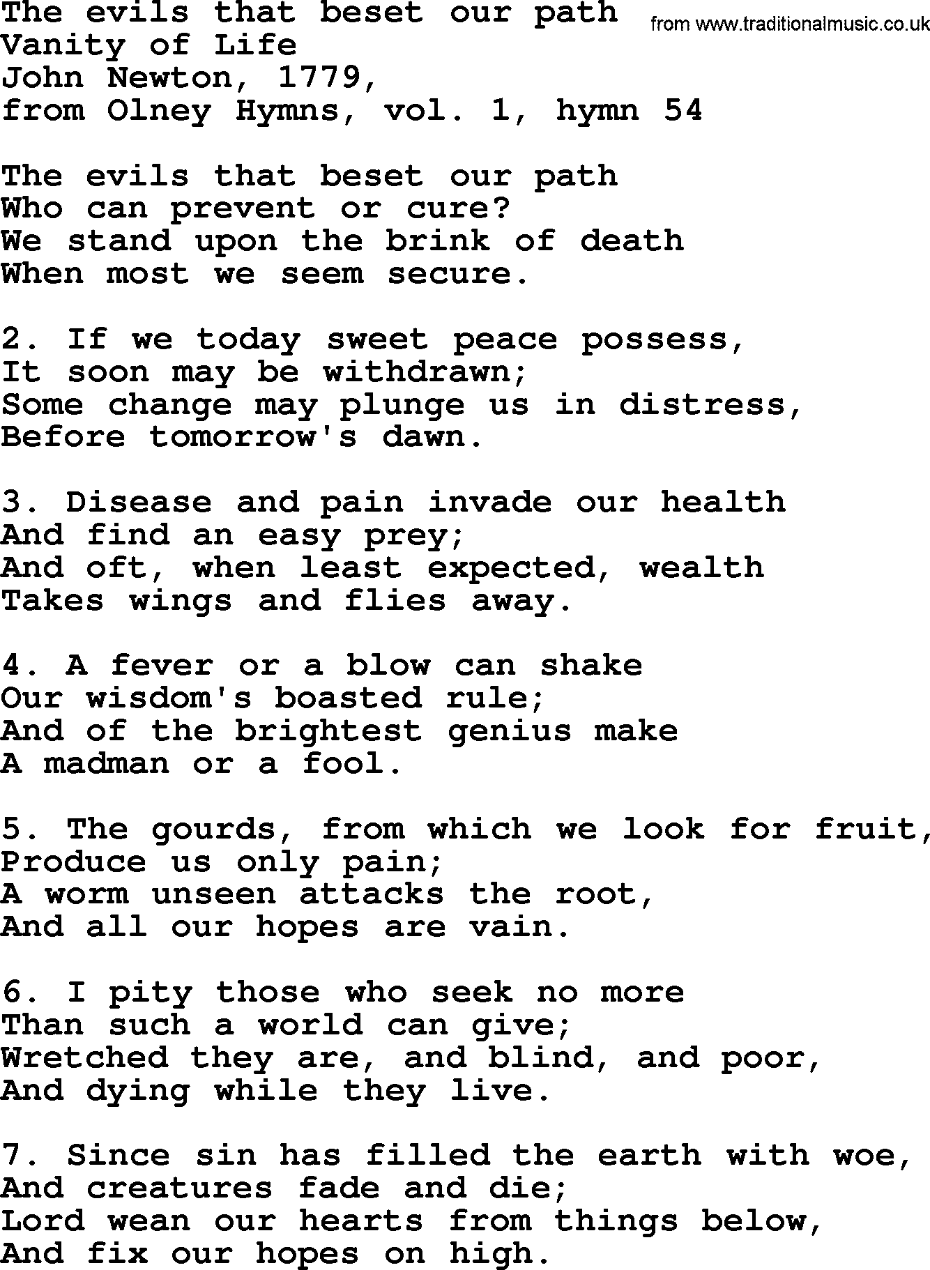 John Newton hymn: The Evils That Beset Our Path, lyrics